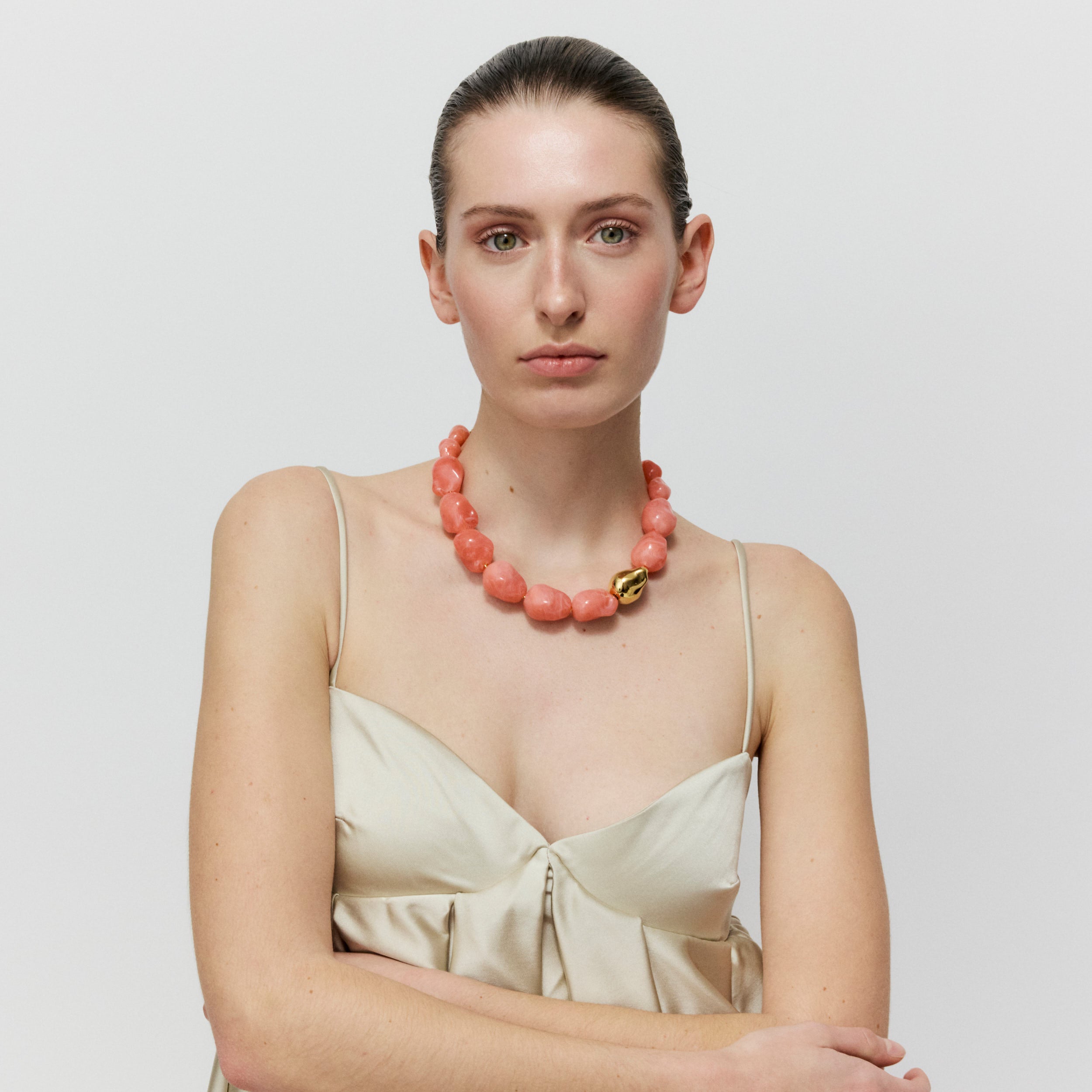 Vanessa Baroni Kette Big Organic Pearl with gold, watermelon marble, vergoldet