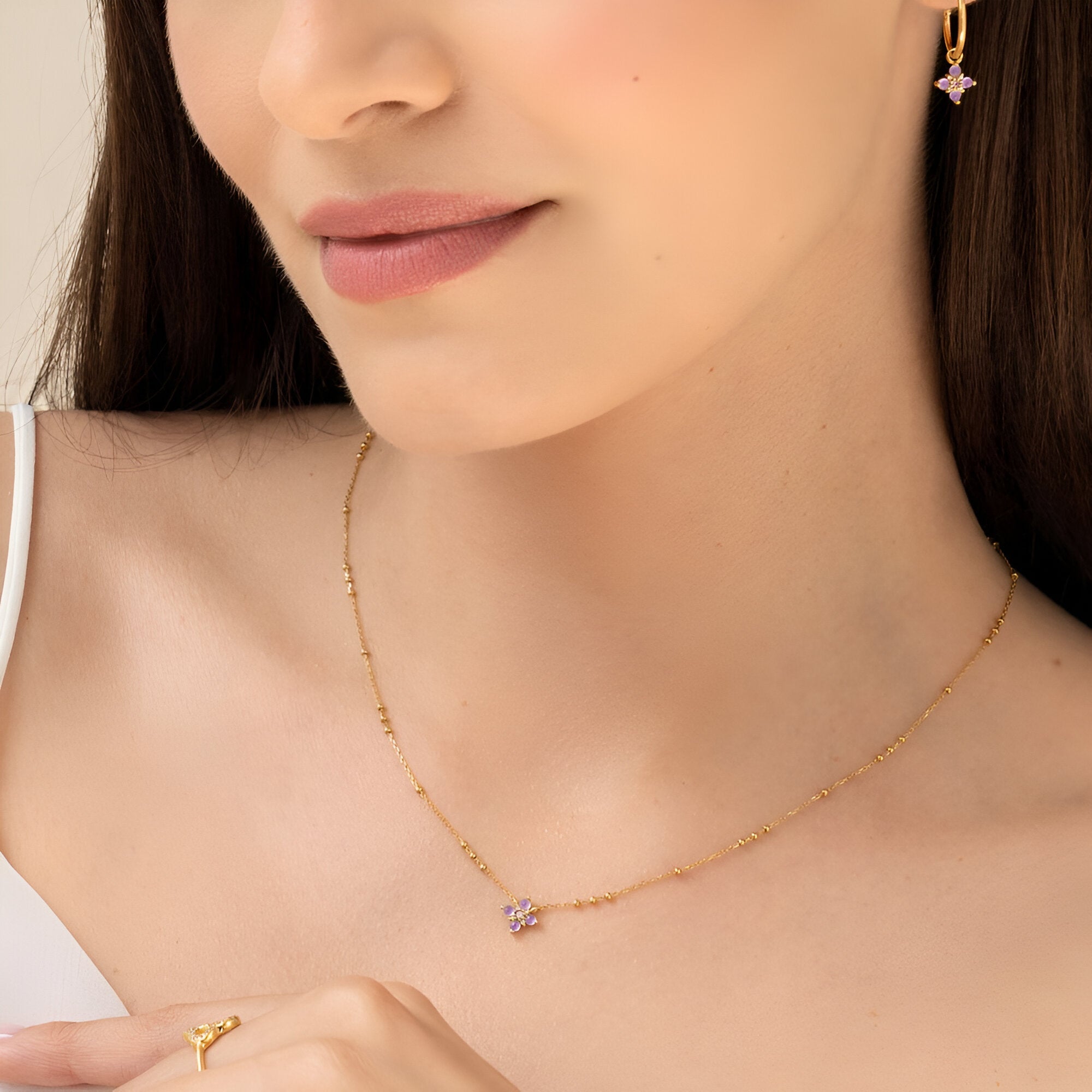 Leaf Kette Bloom, Amethyst/Rhodolith, vergoldet