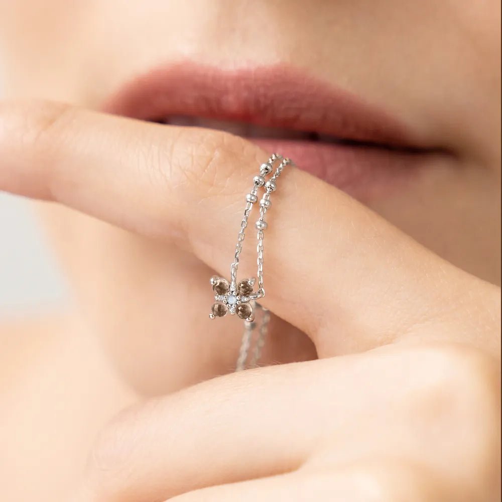 Leaf Kette Bloom, Rauchquarz/Mondstein, Silber