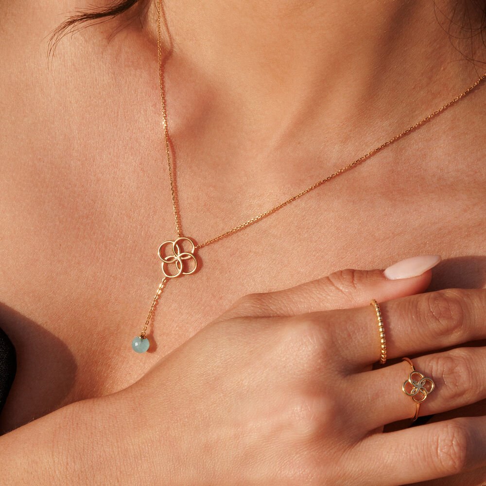 Leaf Kette Clover Charm, Aqua Chalzedon, Silber