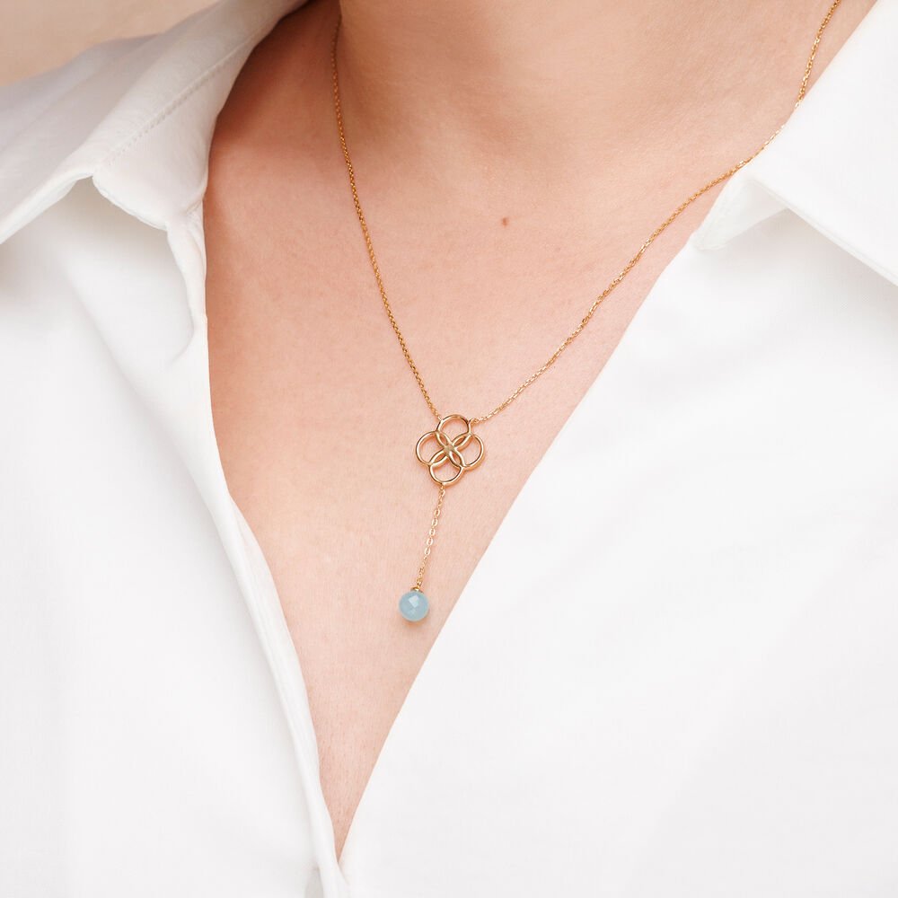 Leaf Kette Clover Charm, Aqua Chalzedon, Silber