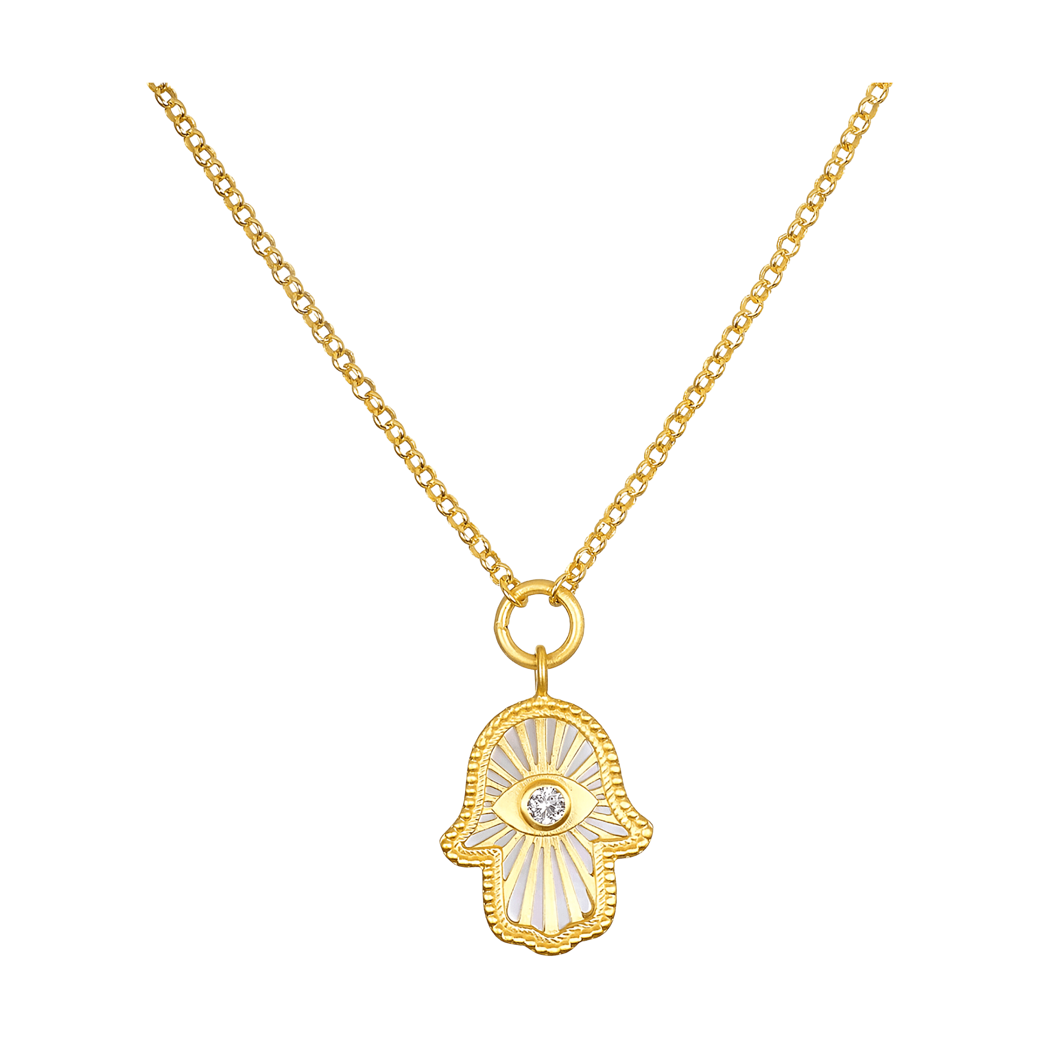 Satya Jewelry Kette Gaining Clarity White Topaz and Mother of Pearl Hamsa Reversible, vergoldet
