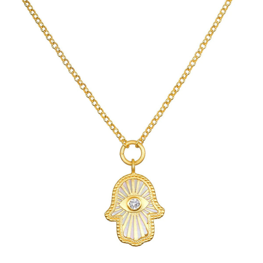 Satya Jewelry Kette Gaining Clarity White Topaz and Mother of Pearl Hamsa Reversible, vergoldet