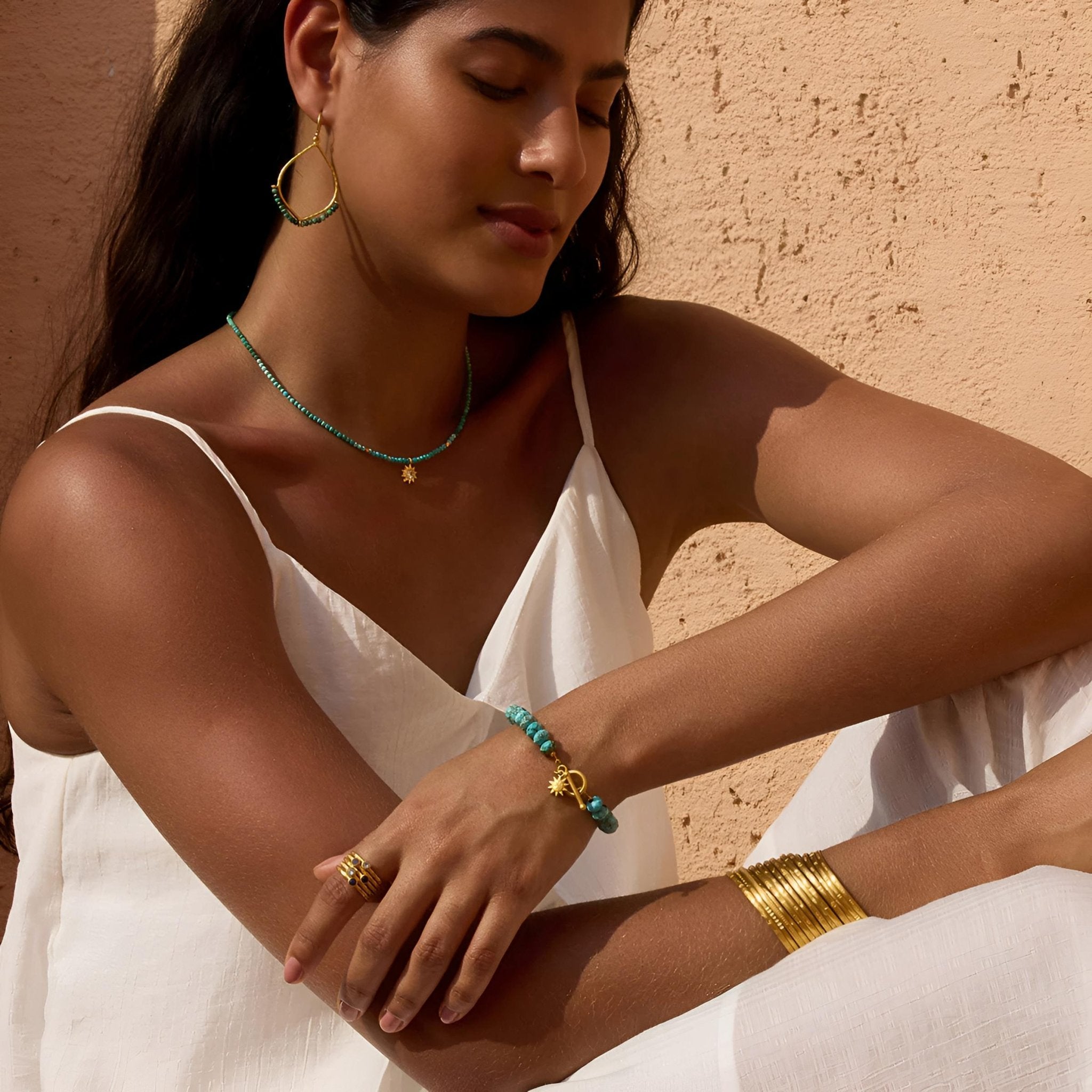 Satya Jewelry Kette Tranquil Dawn Turquoise Sun Choker, vergoldet