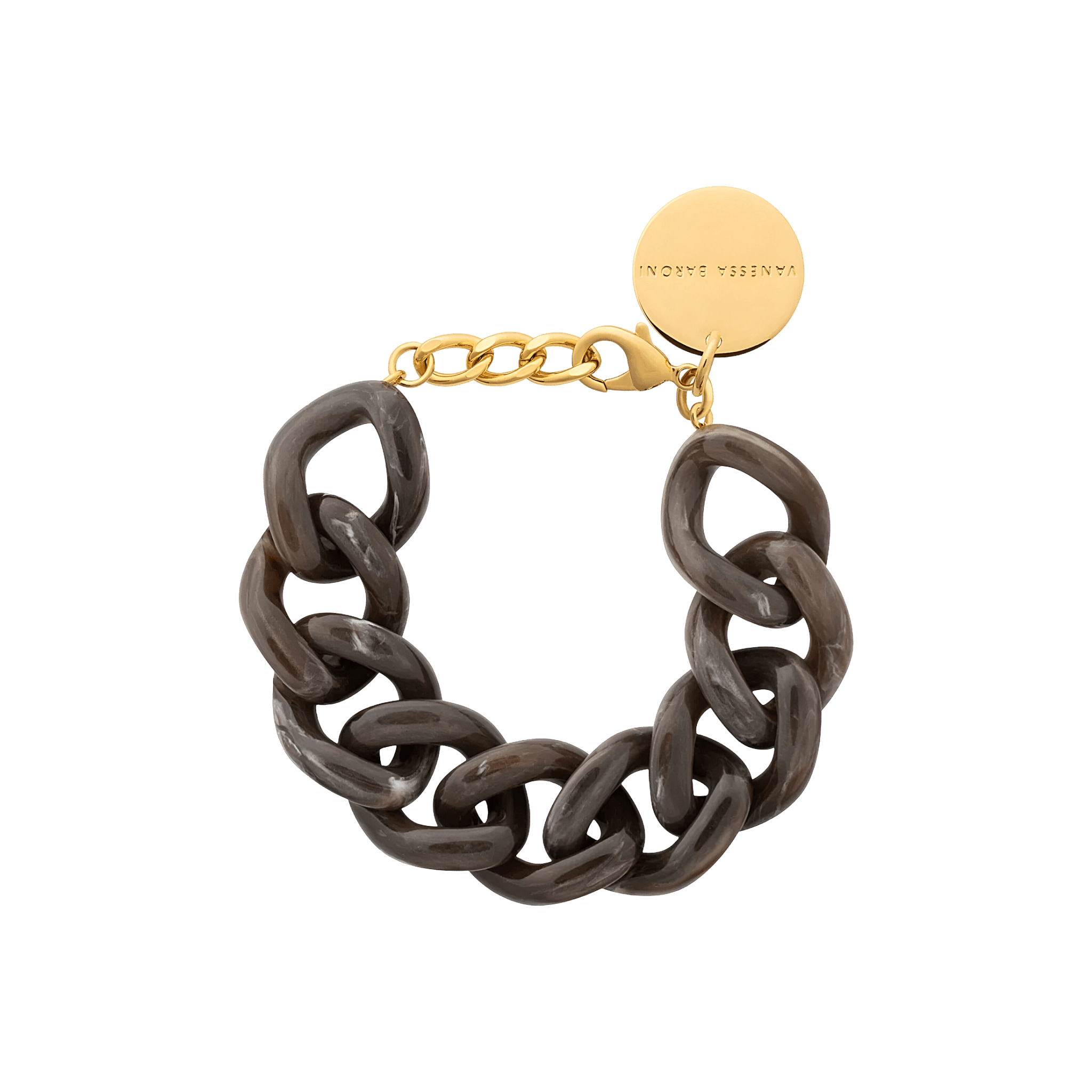 Vanessa Baroni Armband Flat Chain, dark brown marble, vergoldet