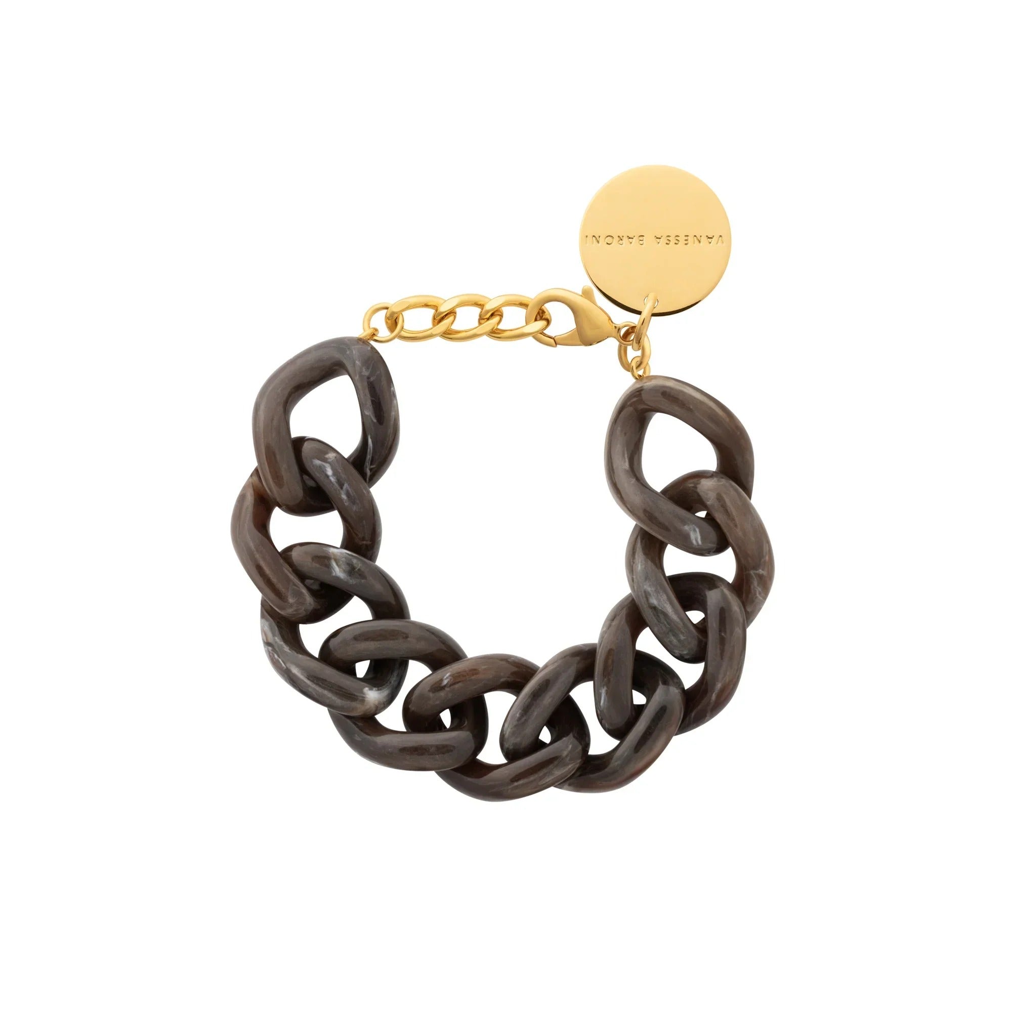 Vanessa Baroni Armband Flat Chain, dark brown marble, vergoldet