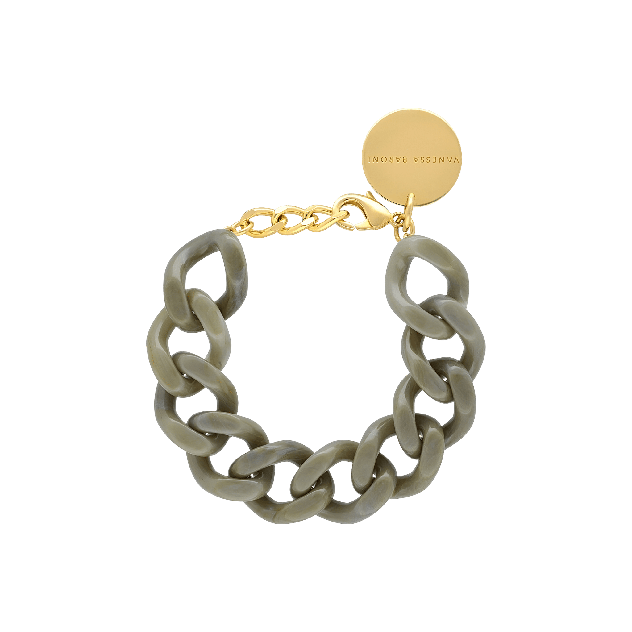Vanessa Baroni Armband Flat Chain, light olive marble, vergoldet