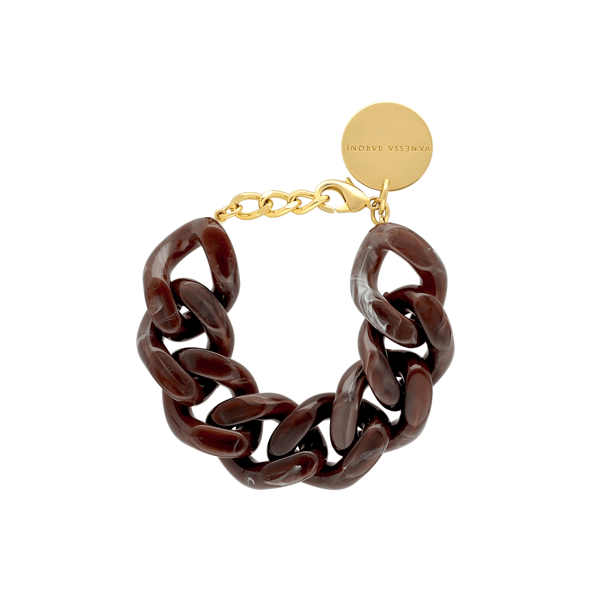 Vanessa Baroni Armband Great Flat Chain, dark brown marble, vergoldet