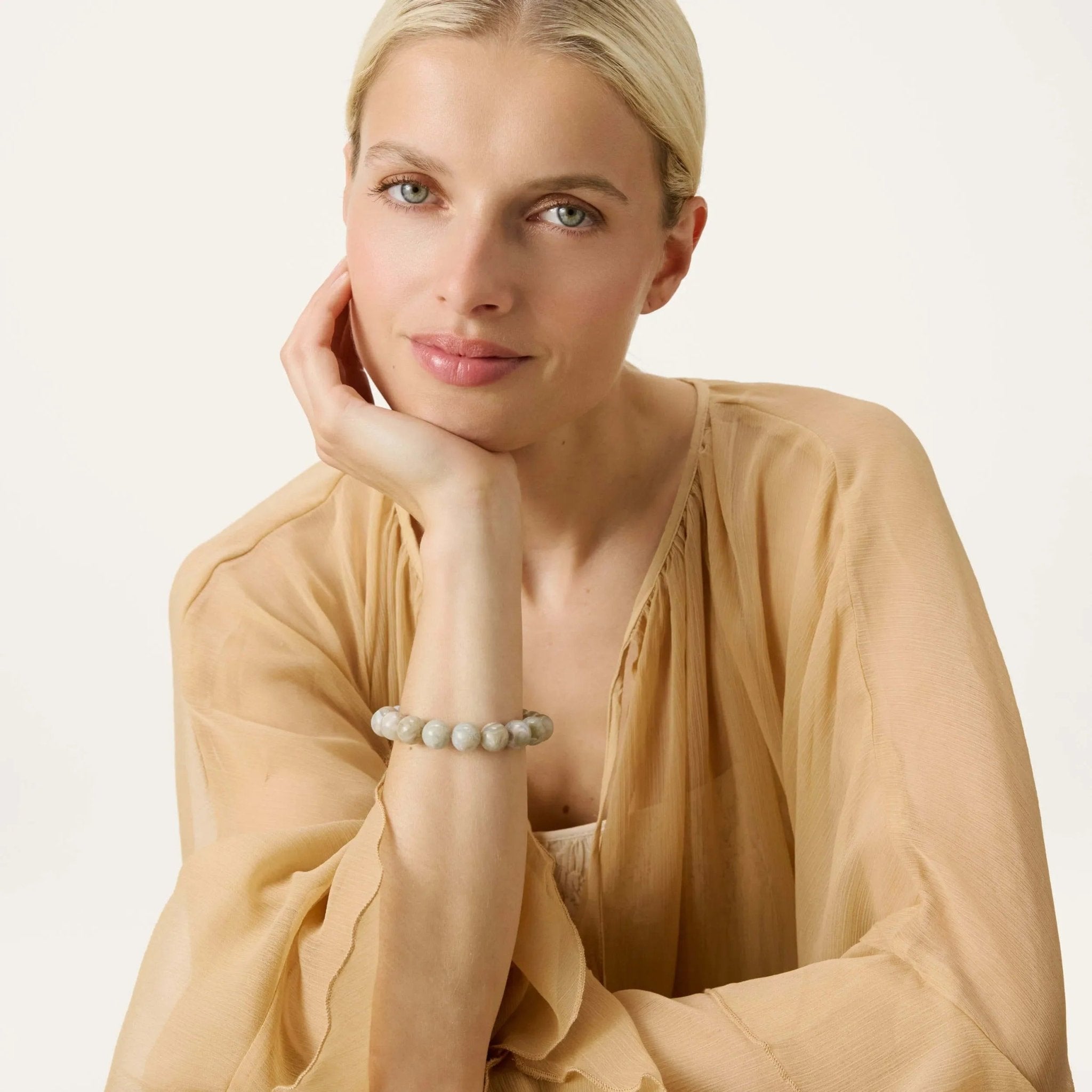 Vanessa Baroni Armband Mini Beads Flex, snow green marble, vergoldet