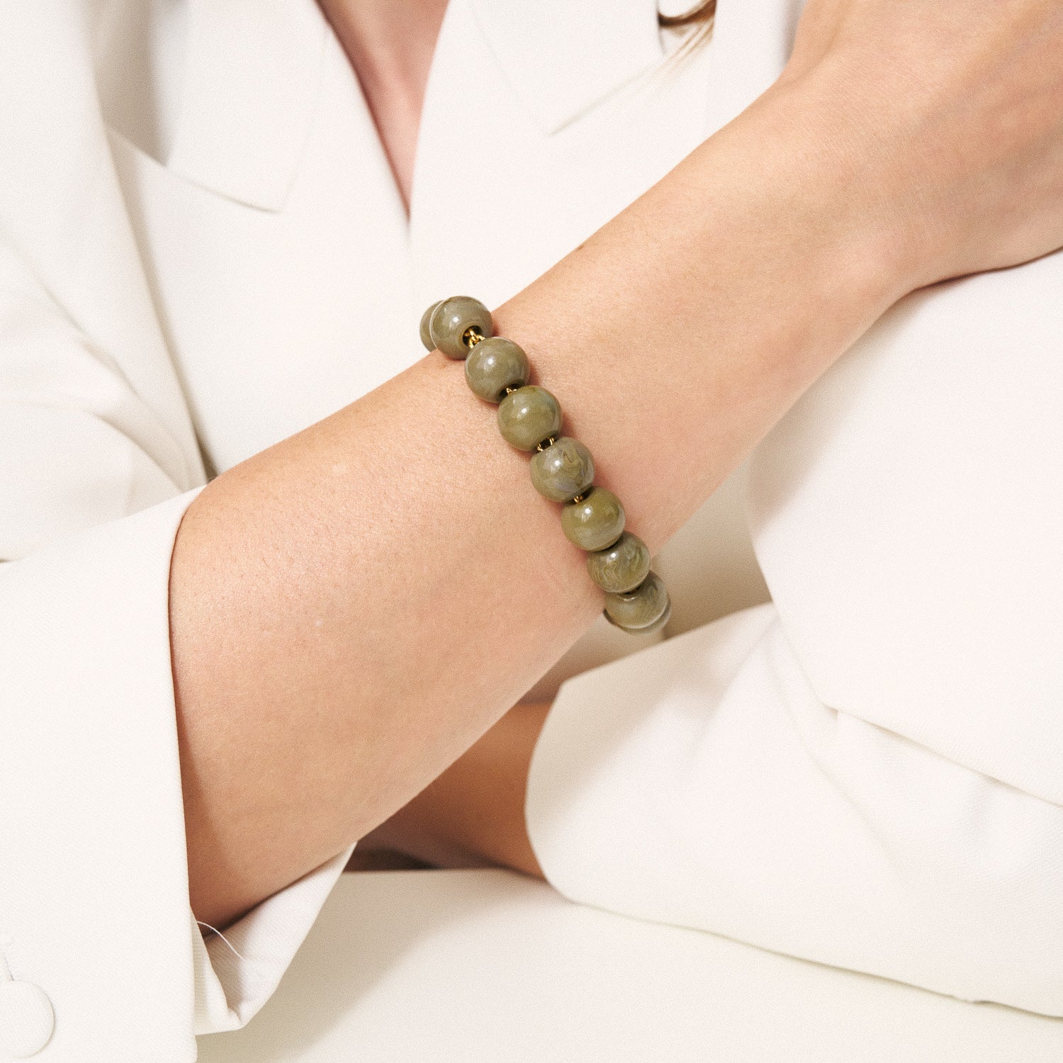 Vanessa Baroni Armband Mini Beads, light olive marble, vergoldet