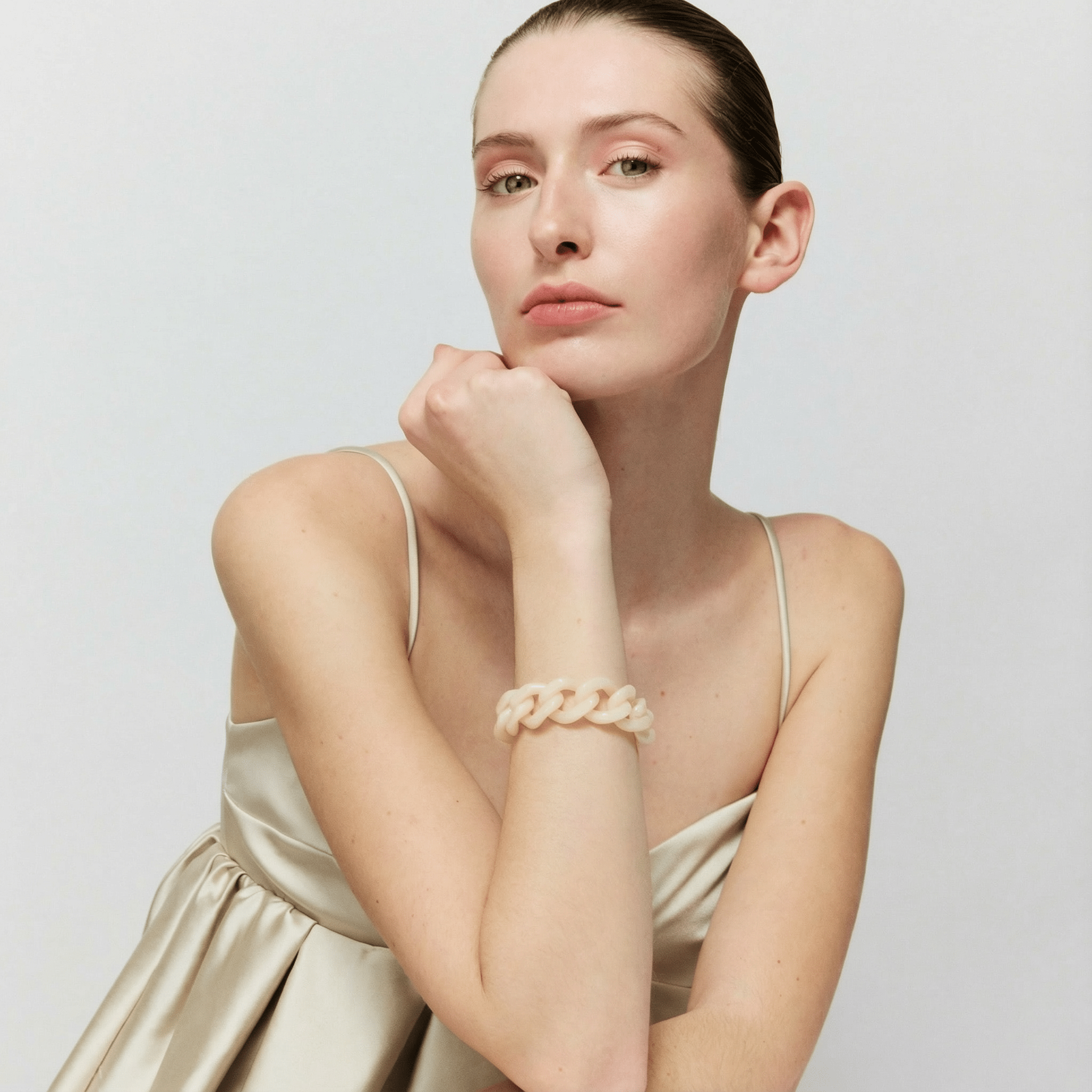 Vanessa Baroni Armband Mini Flat Chain, latte marble, vergoldet