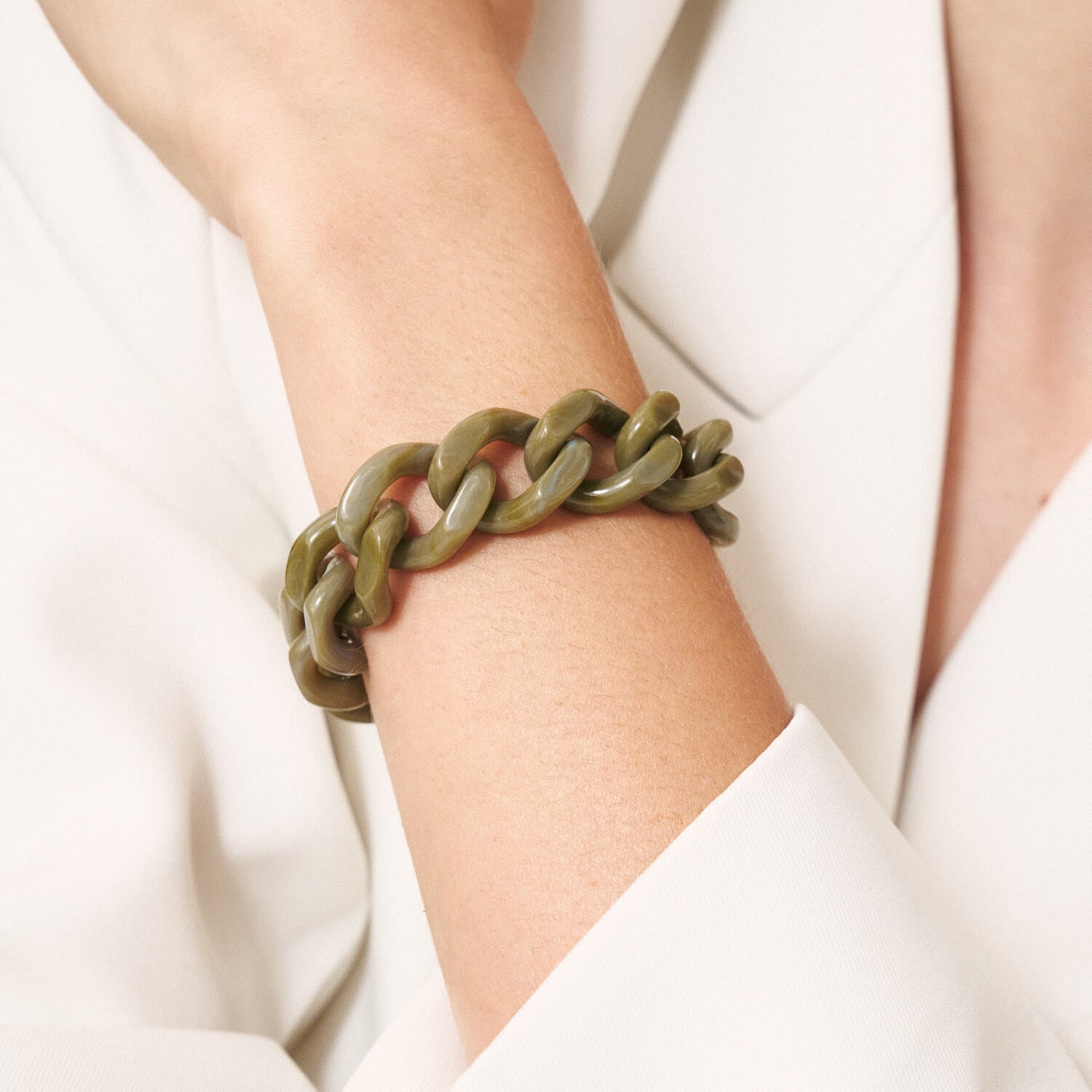 Vanessa Baroni Armband Mini Flat Chain, light olive marble, vergoldet