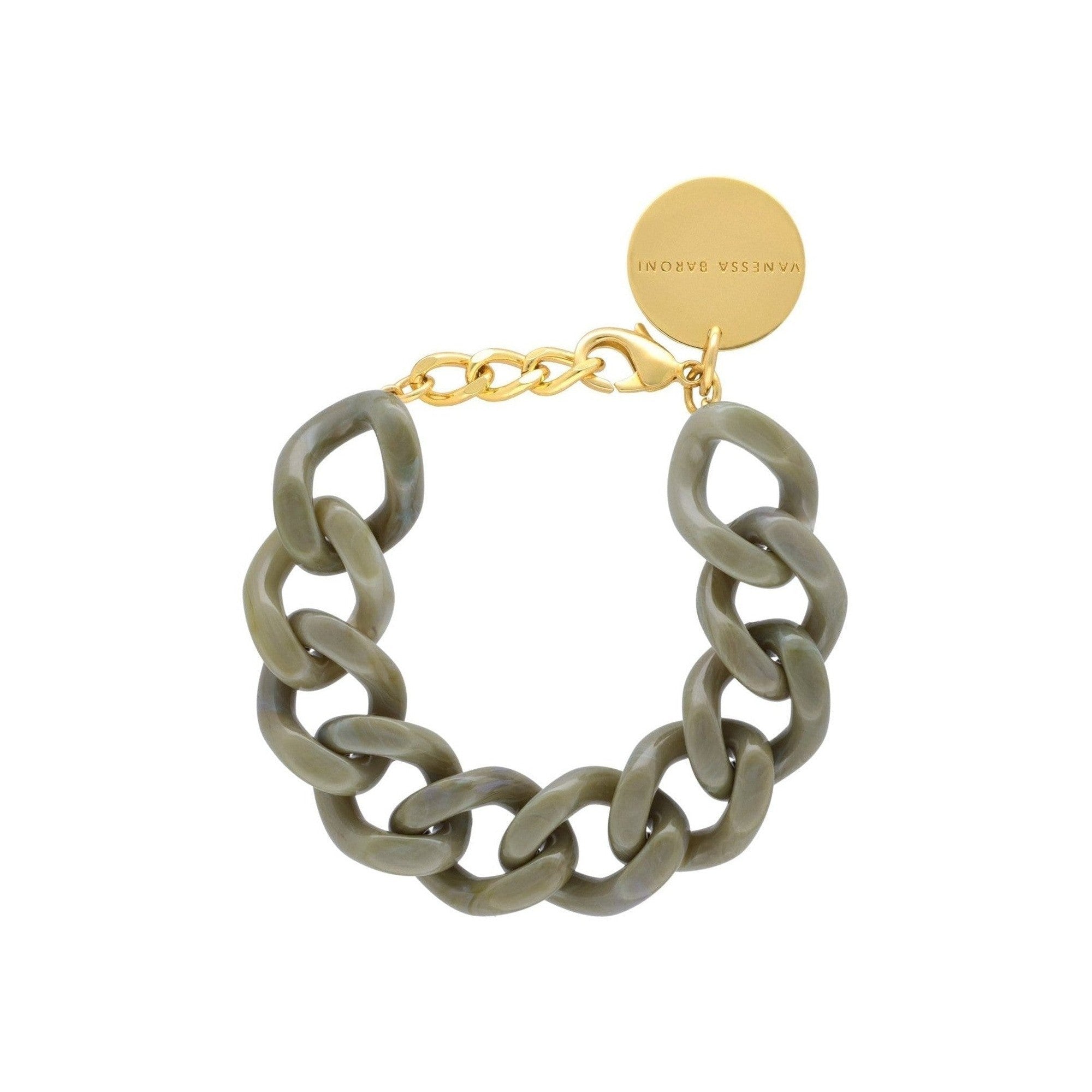 Vanessa Baroni Armband Mini Flat Chain, light olive marble, vergoldet