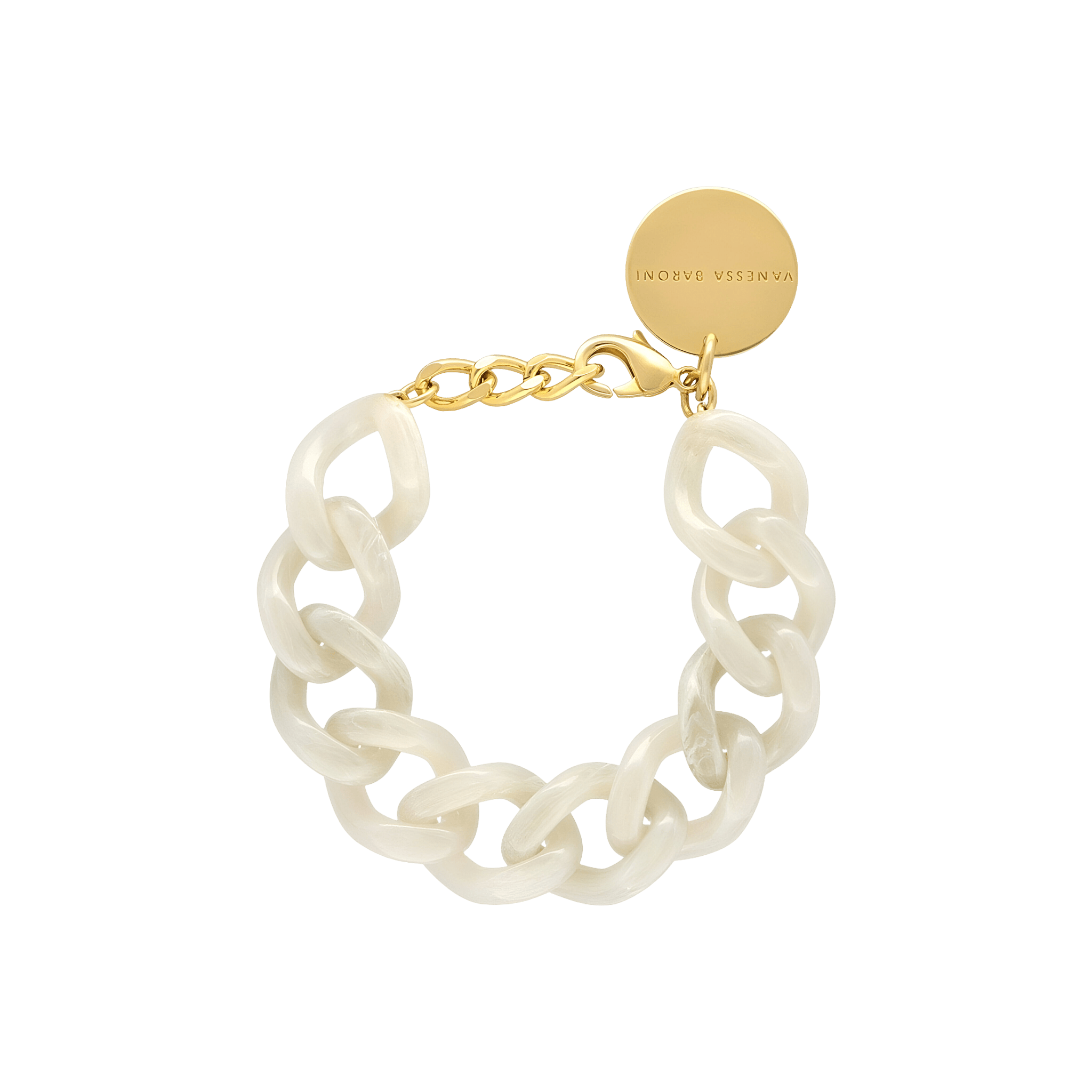 Vanessa Baroni Armband Mini Flat Chain, snow white marble, vergoldet