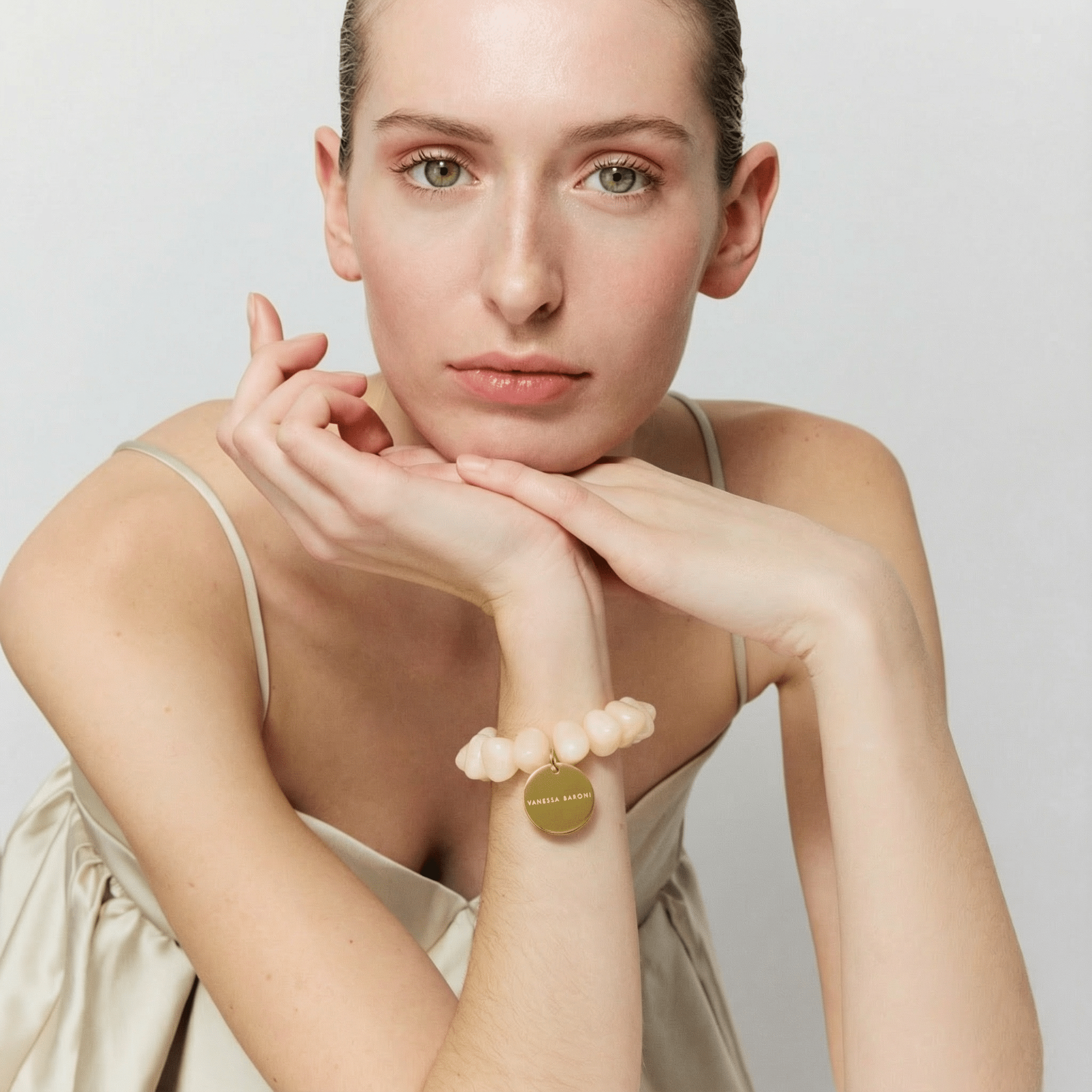 Vanessa Baroni Armband Stone Flex, latte marble, vergoldet