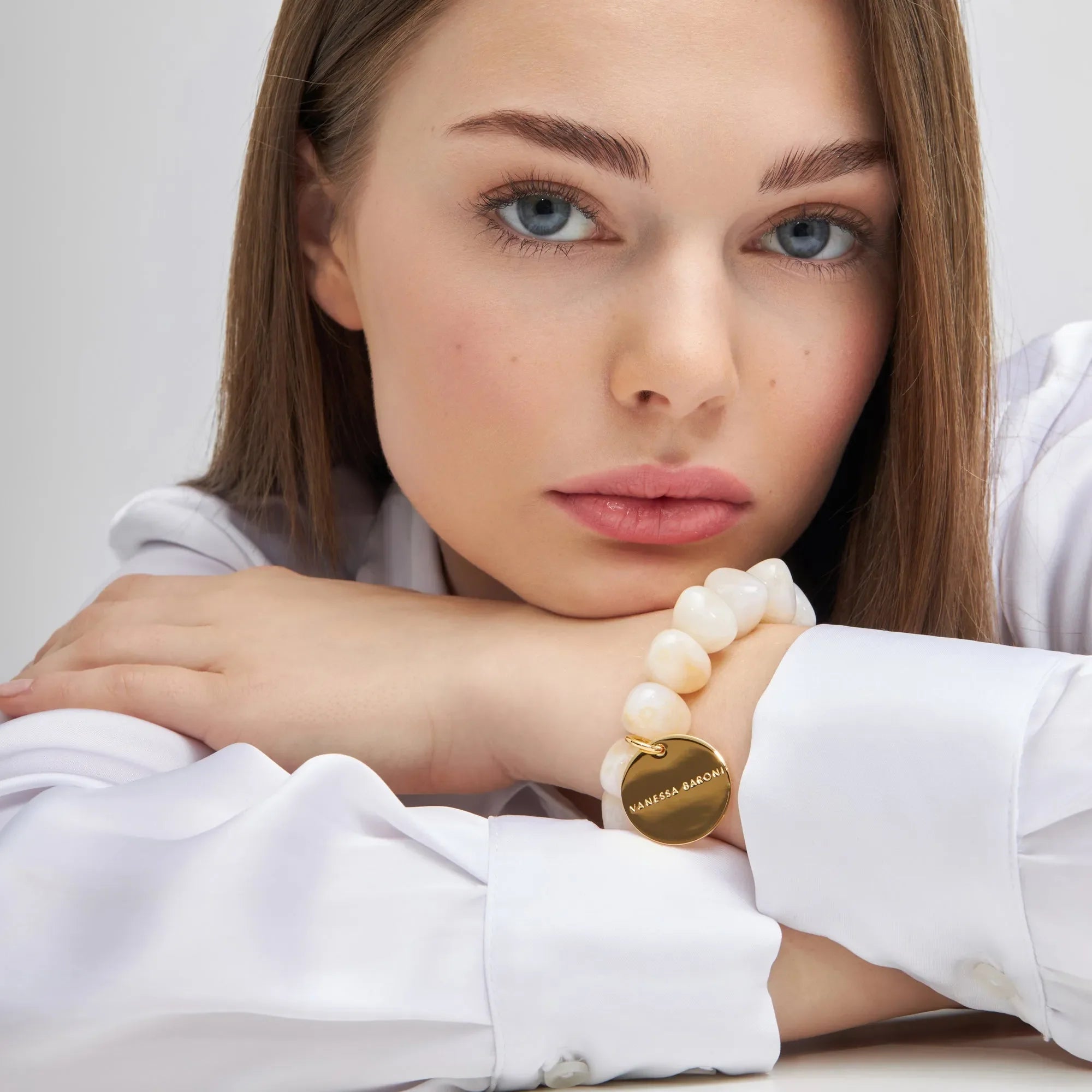 Vanessa Baroni Armband Stone Flex, pearl marble, vergoldet