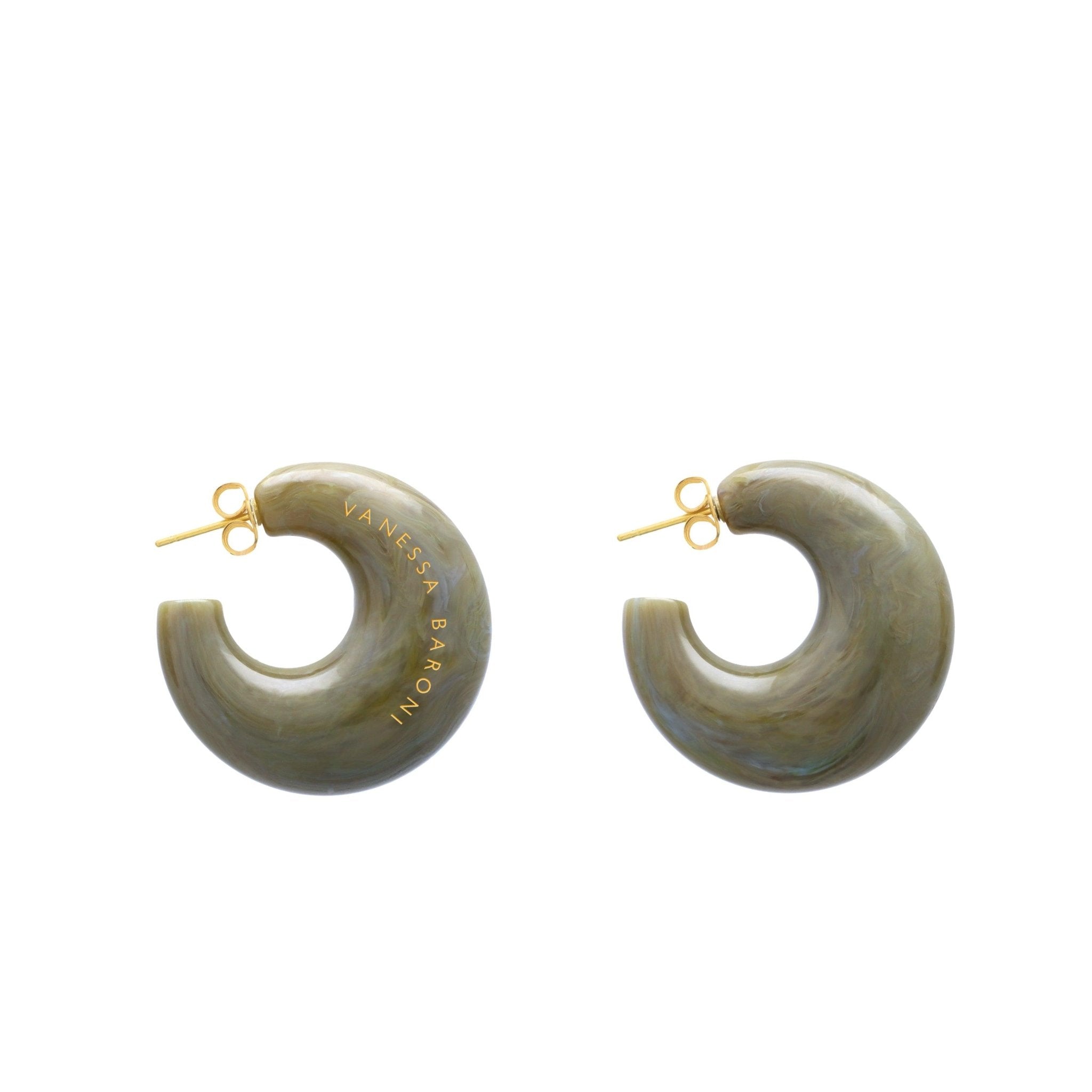 Vanessa Baroni Creolen Moon, light olive marble, vergoldet
