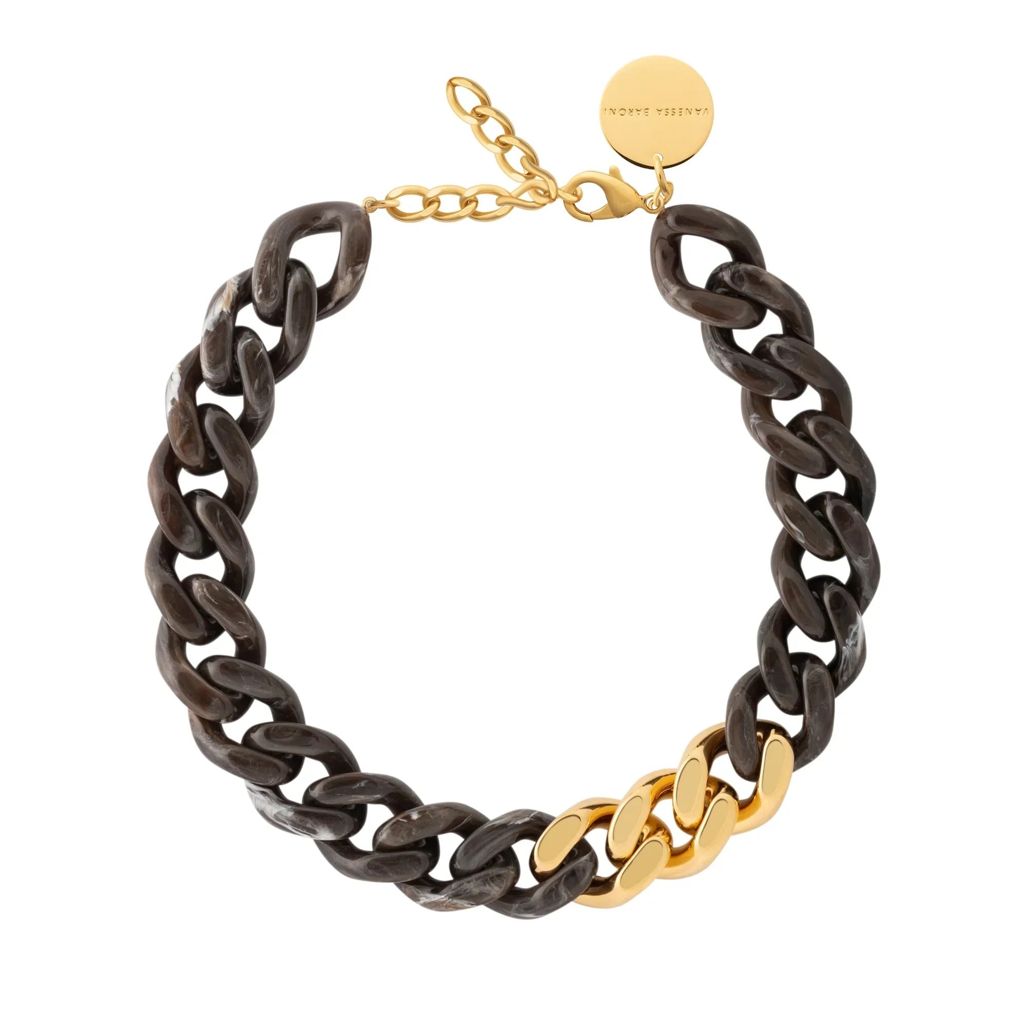 Vanessa Baroni Kette Flat Chain with gold, dark brown marble, vergoldet