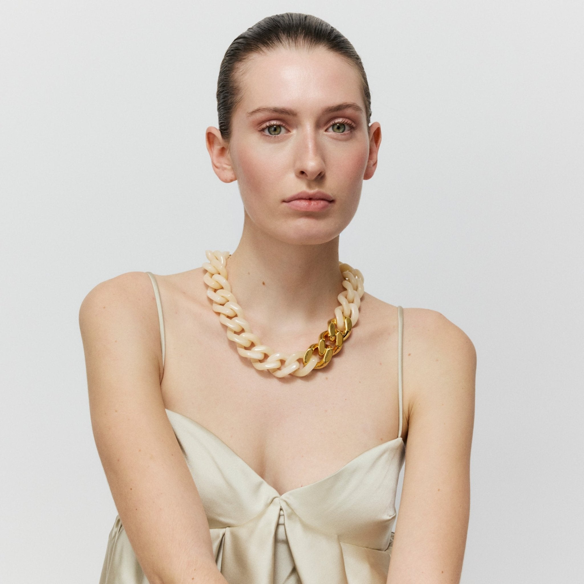 Vanessa Baroni Kette Flat Chain with gold, latte marble, vergoldet
