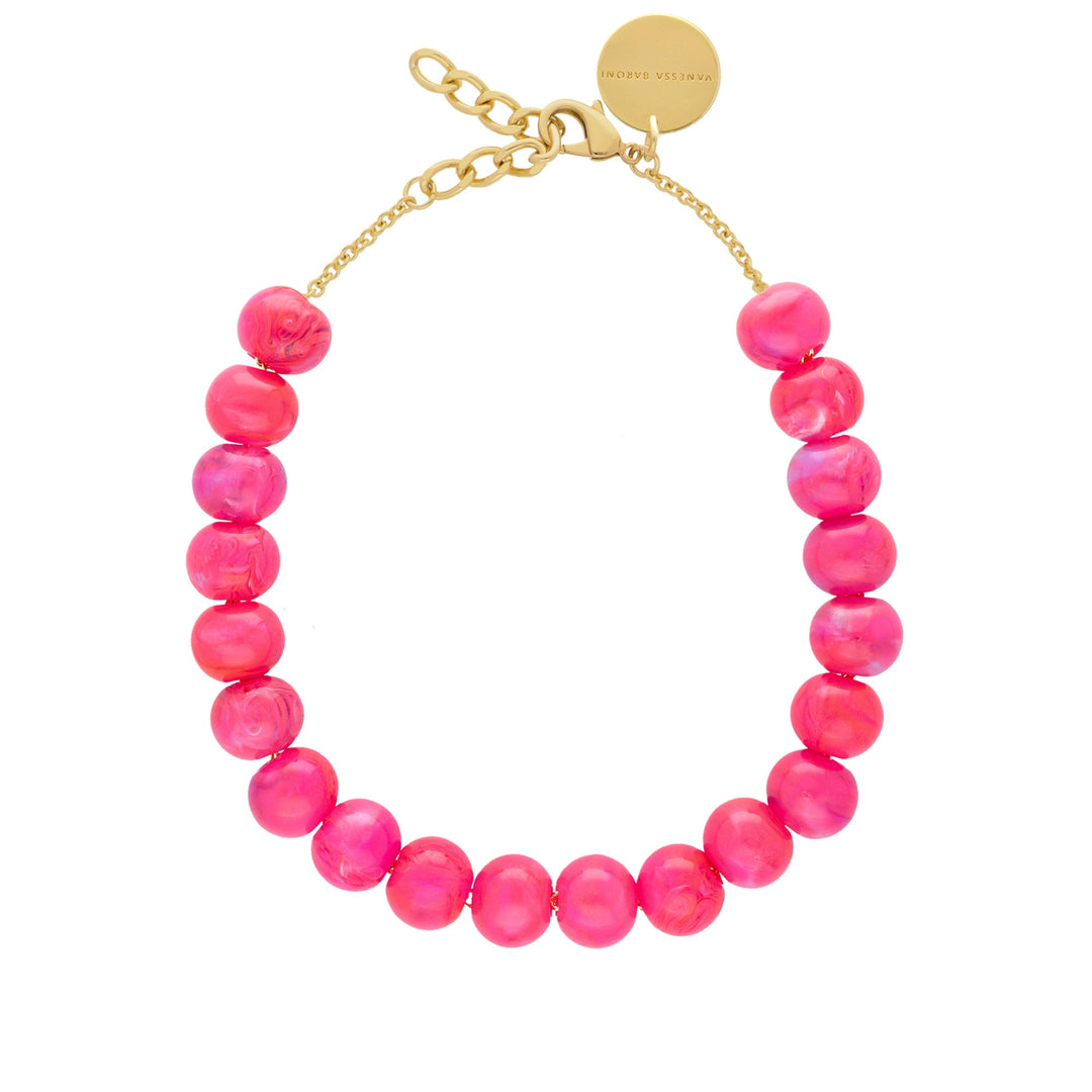 Vanessa Baroni Kette Small Beads Short, fuchsia marble, vergoldet