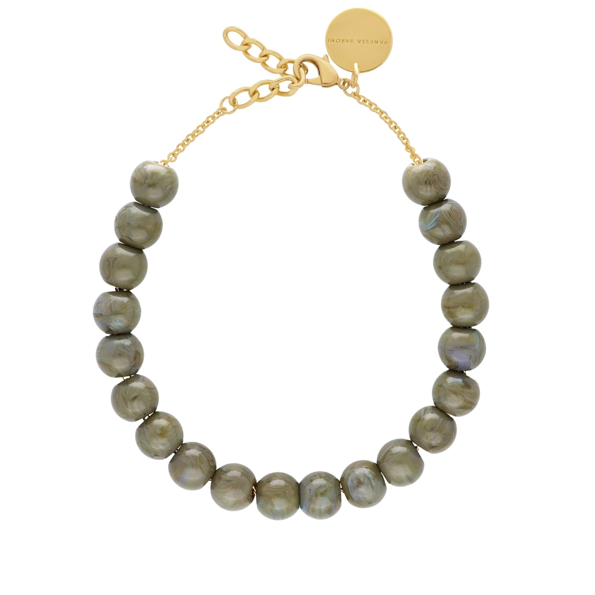 Vanessa Baroni Kette Small Beads Short, light olive marble, vergoldet