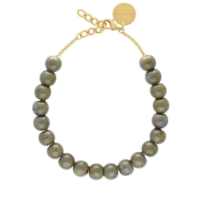 Vanessa Baroni Kette Small Beads Short, light olive marble, vergoldet