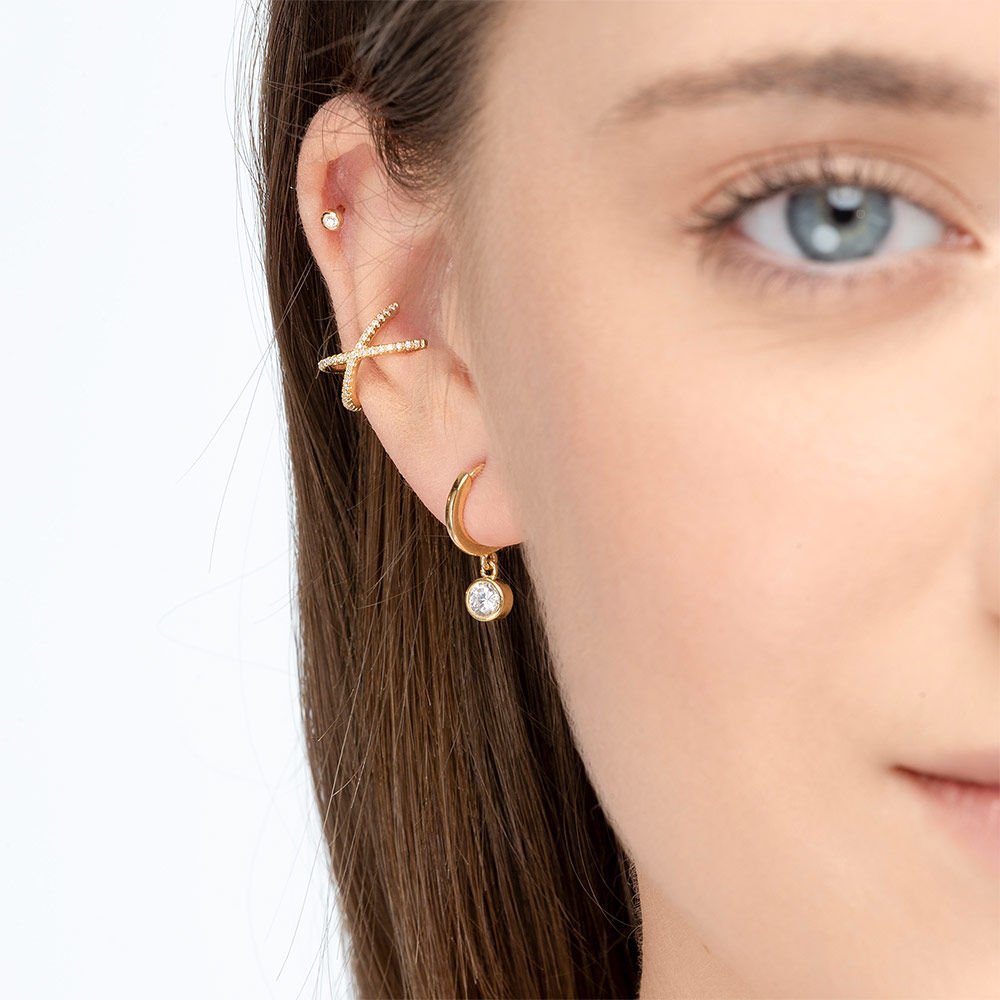 Leaf Earcuff Cross CZ, vergoldet