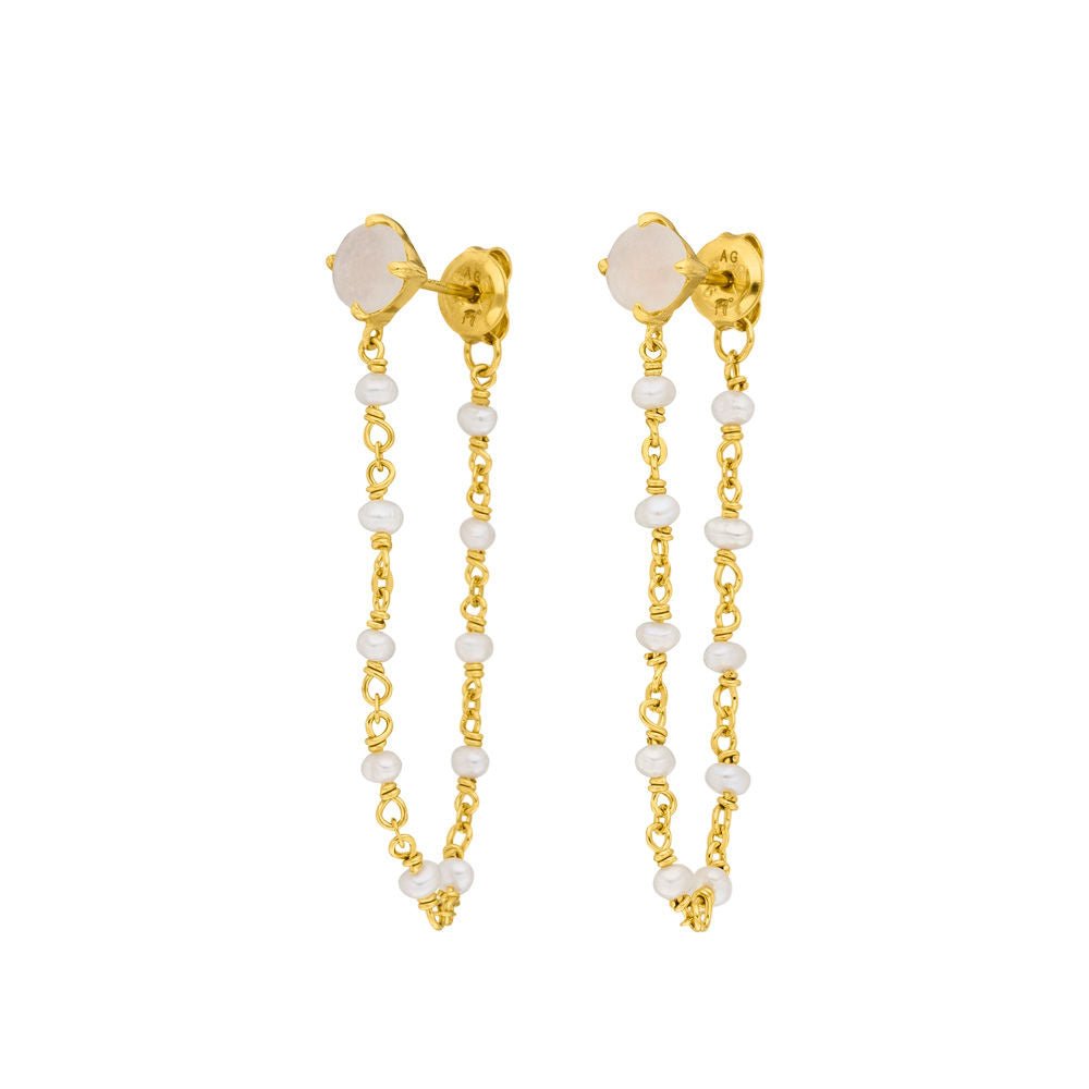 Leaf Ohrringe Flying Gem, Perle/Rosenquarz, vergoldet