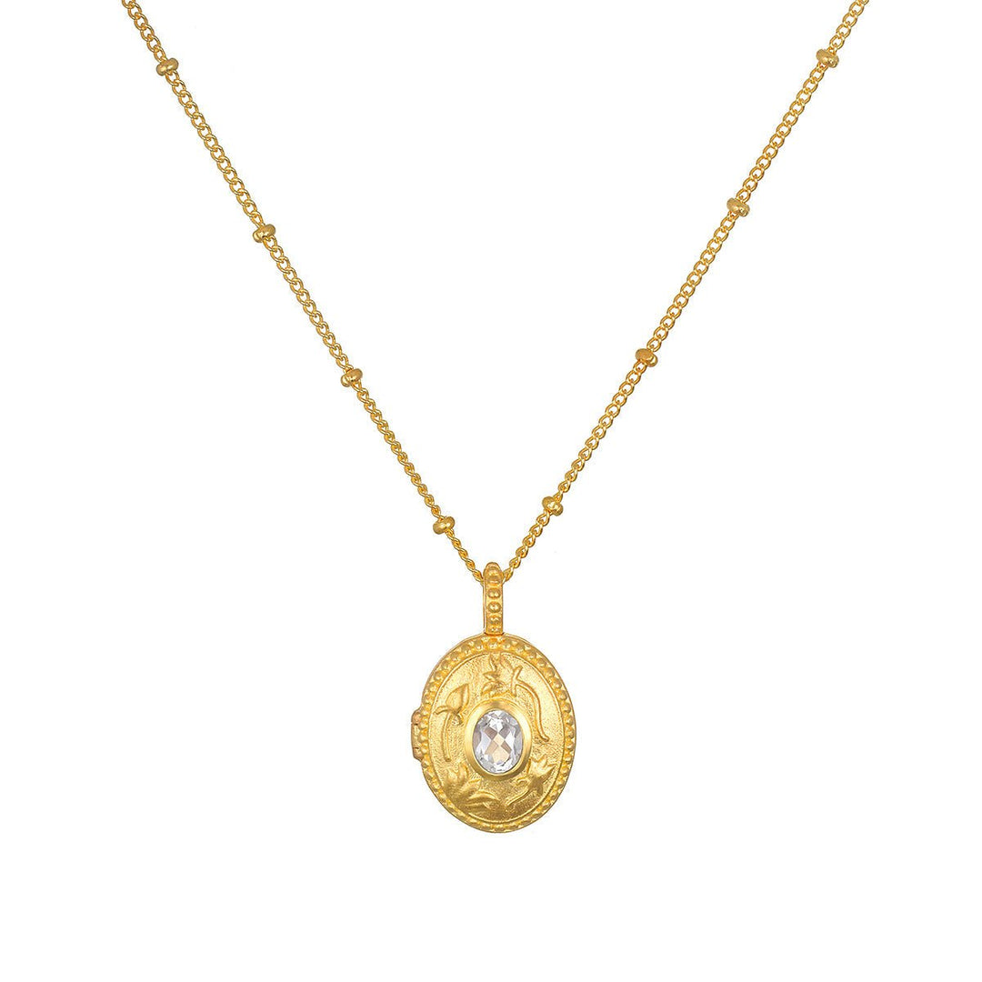 Satya Jewelry Kette Lotus White Topaz Birthstone Locket - April, vergoldet