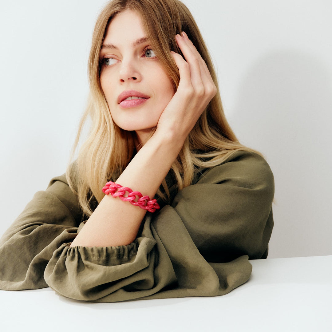 Vanessa Baroni Armband Mini Flat Chain, raspberry marble, vergoldet
