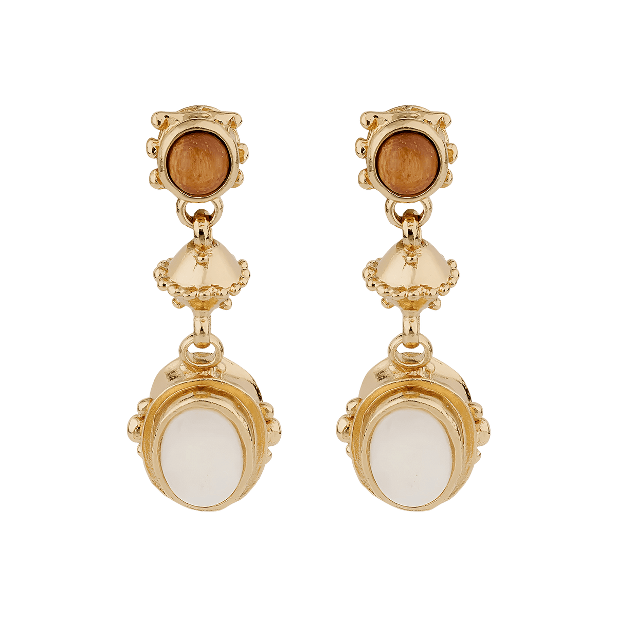 Gas Bijoux Ohrringe Amarante Three, White Mother-of-Pearl & Wood, vergoldet
