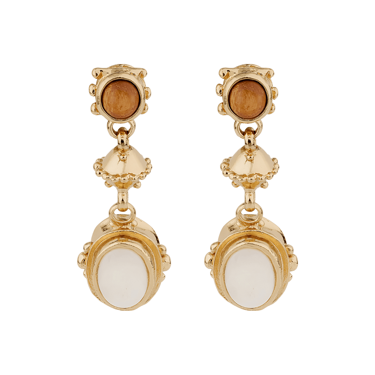 Gas Bijoux Ohrringe Amarante Three, White Mother-of-Pearl & Wood, vergoldet