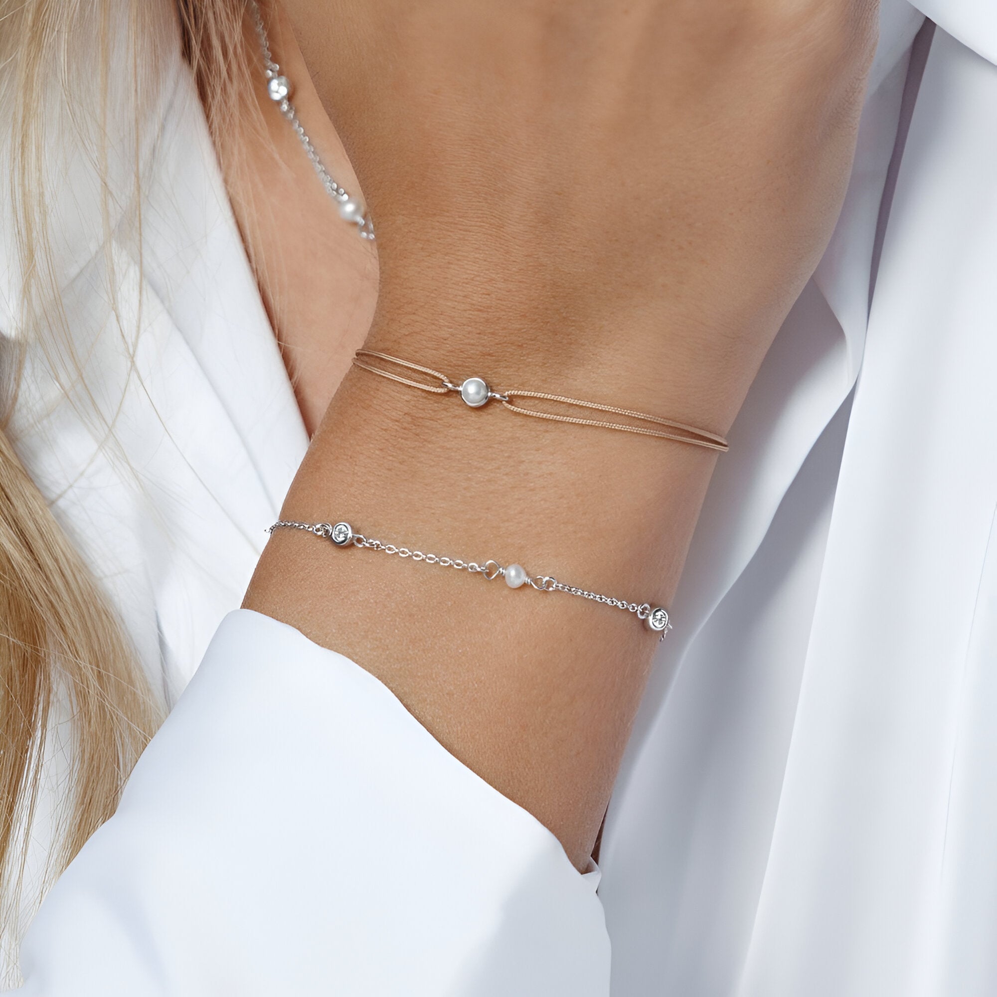 Leaf Armband Pure, Perle, Silber