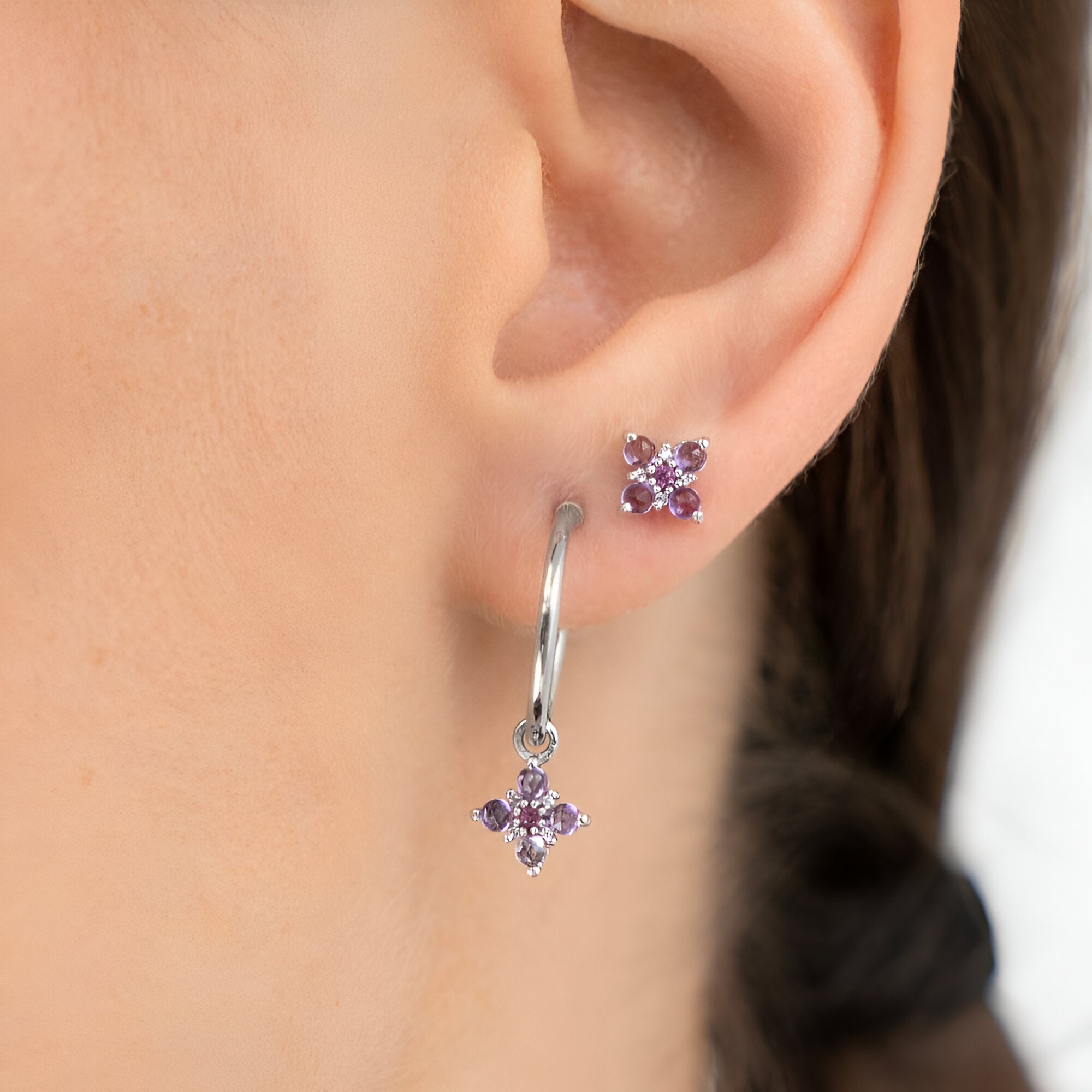 Leaf Creolen Bloom, Amethyst/Rhodolith, Silber