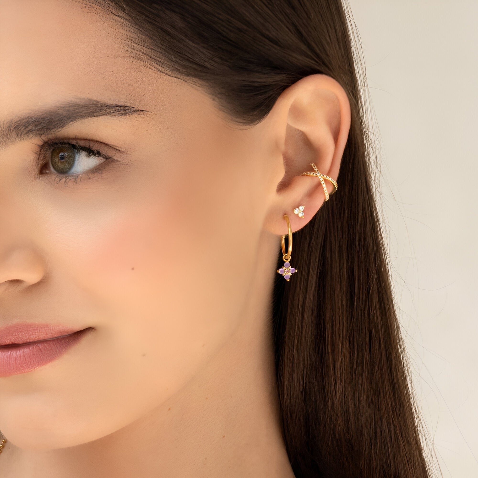 Leaf Creolen Bloom, Amethyst/Rhodolith, vergoldet