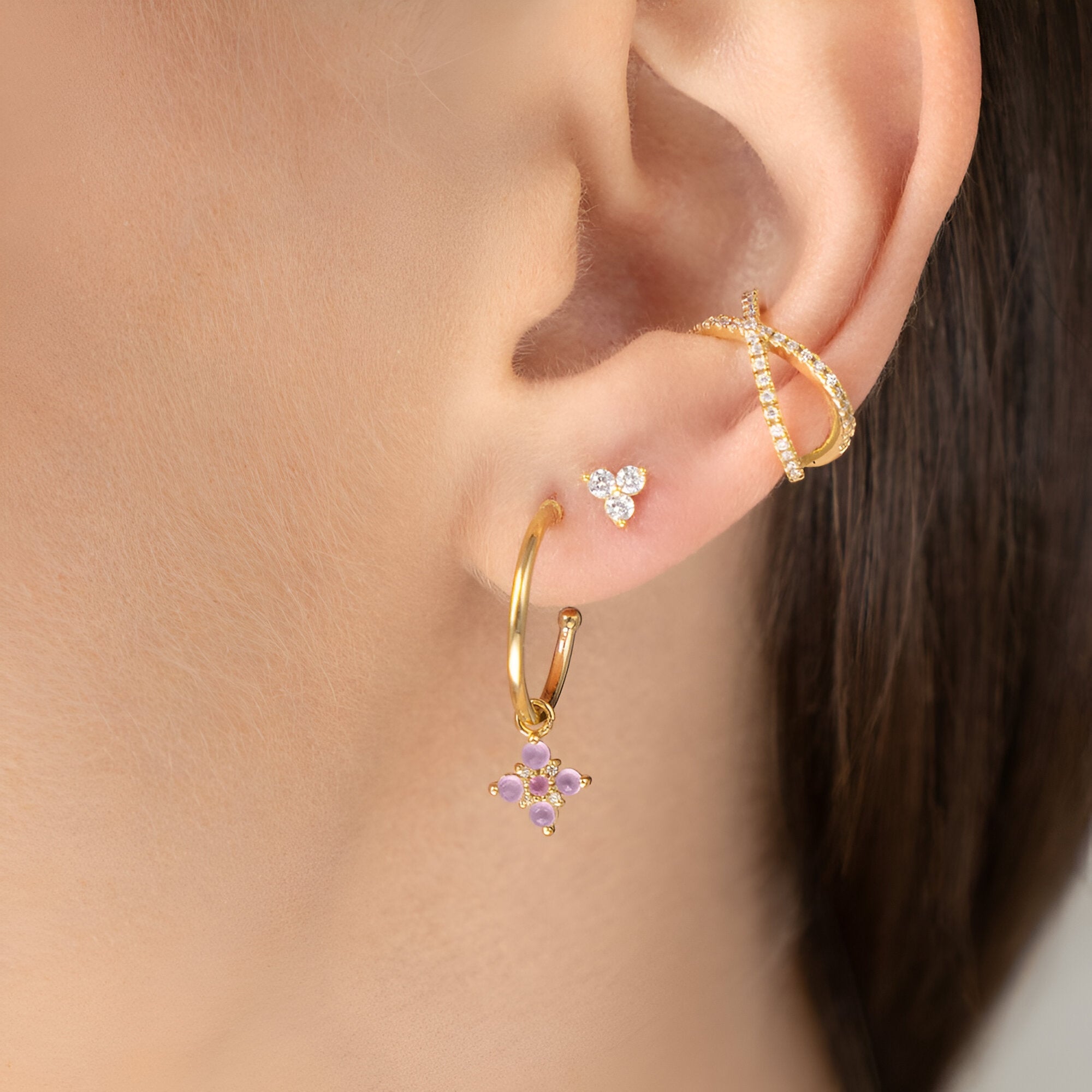 Leaf Creolen Bloom, Amethyst/Rhodolith, vergoldet