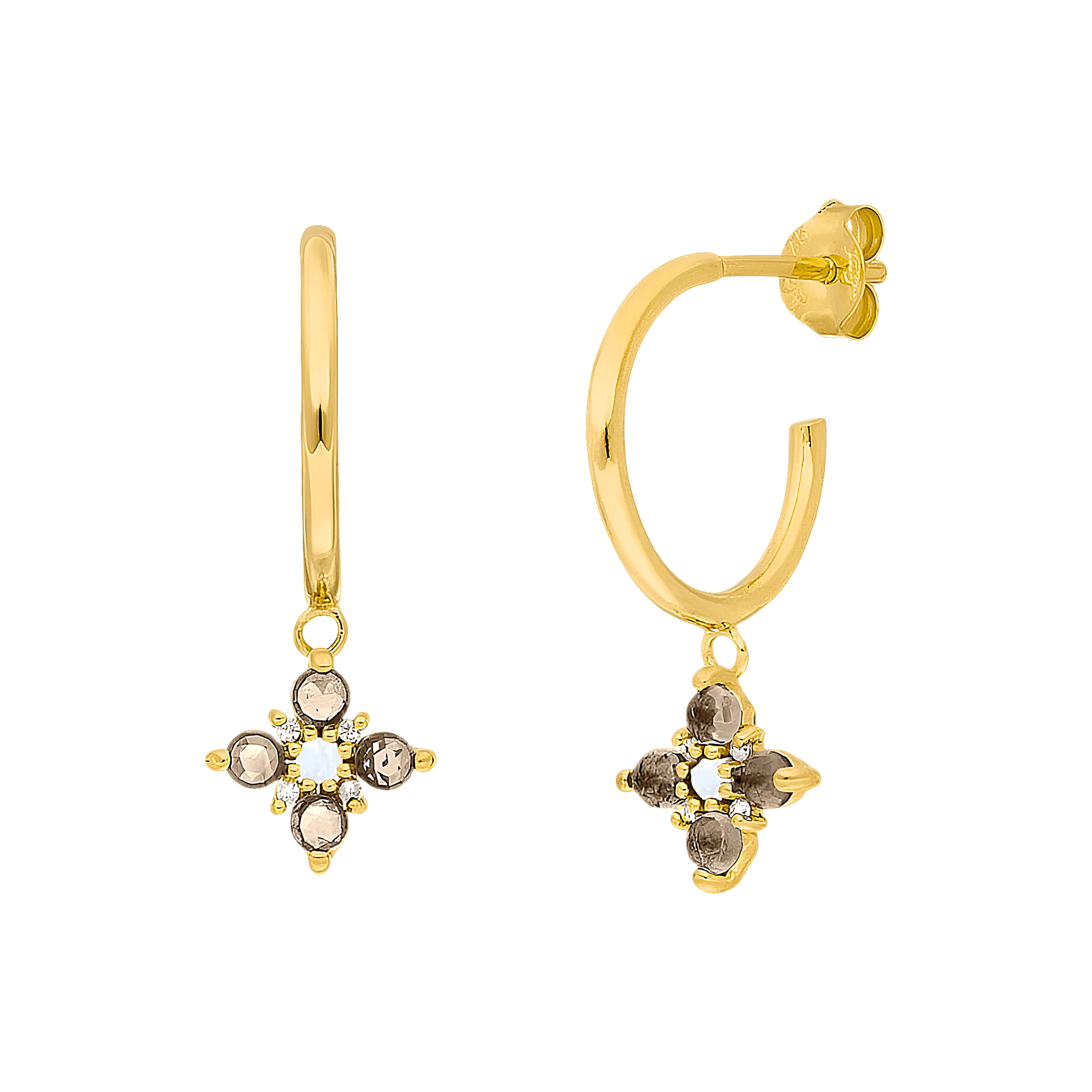 Leaf Creolen Bloom, Rauchquarz/Mondstein, vergoldet