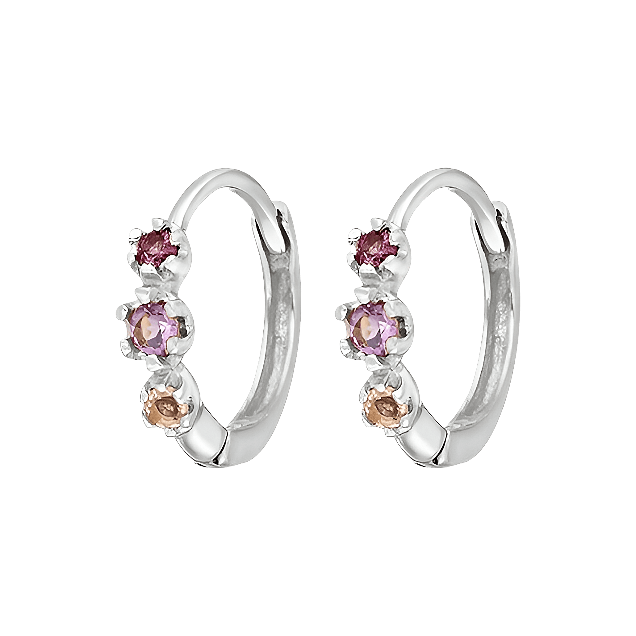 Leaf Creolen Three Gems, Amethyst, Silber