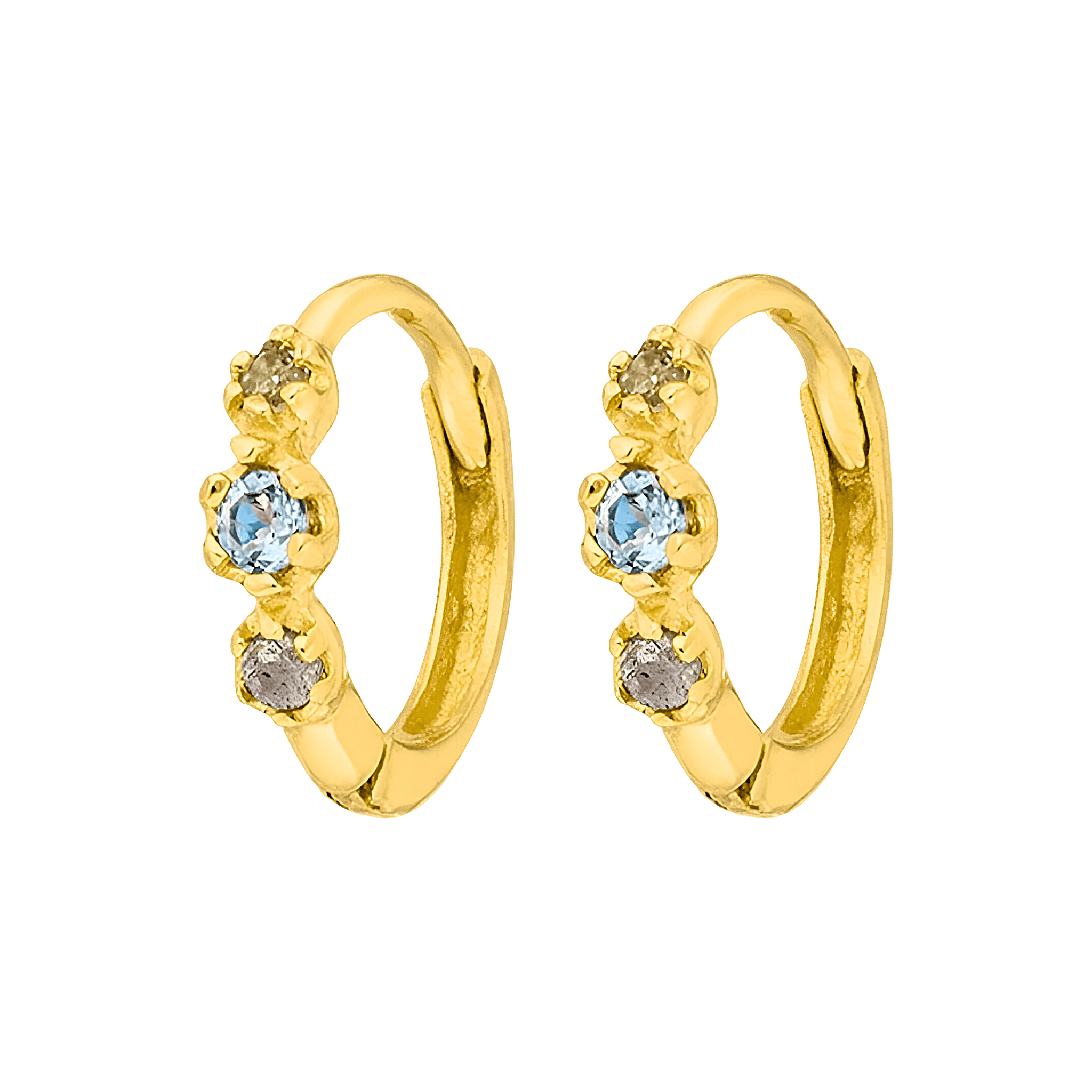 Leaf Creolen Three Gems, Blauer Topas, vergoldet