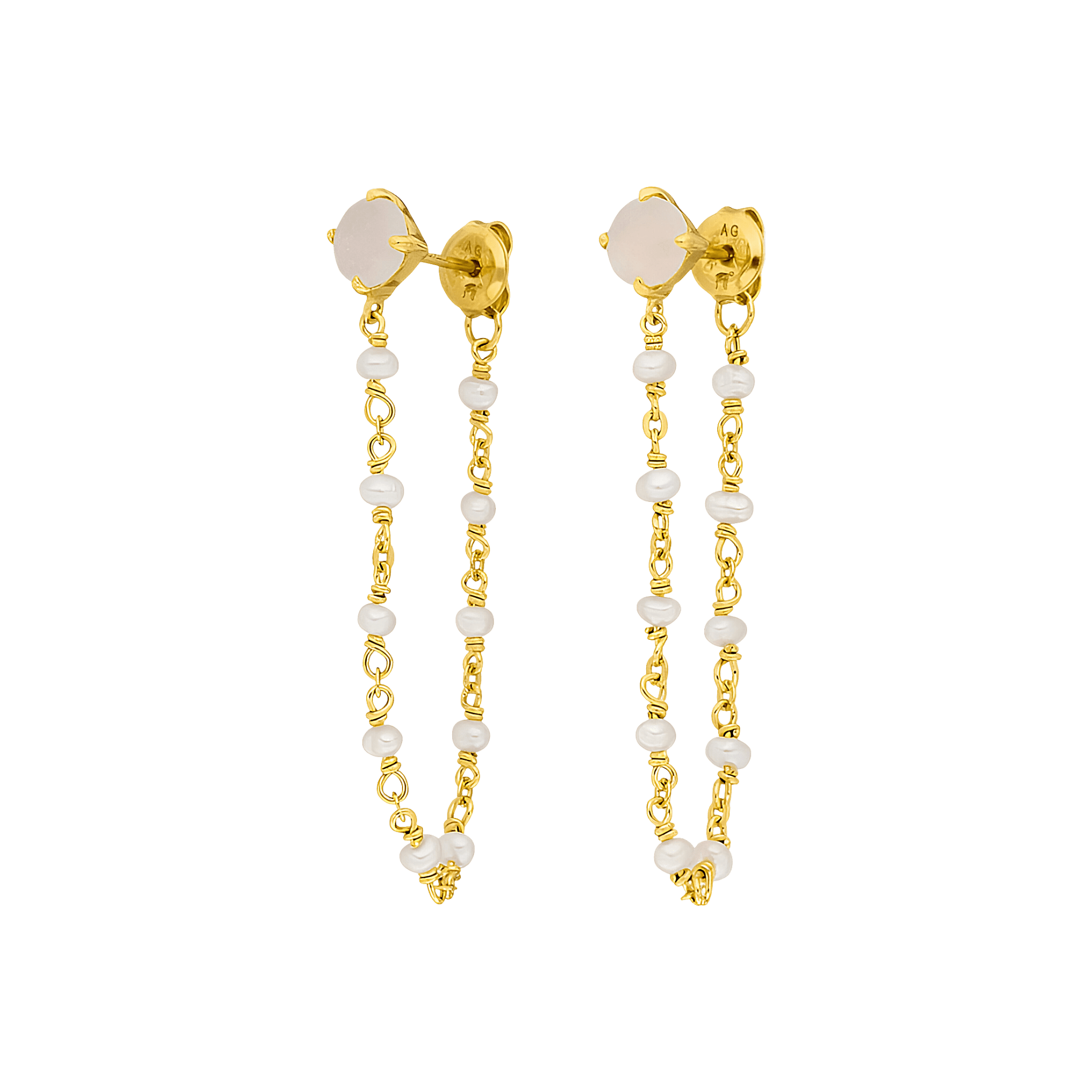 Leaf Ohrringe Flying Gem, Perle/Rosenquarz, vergoldet