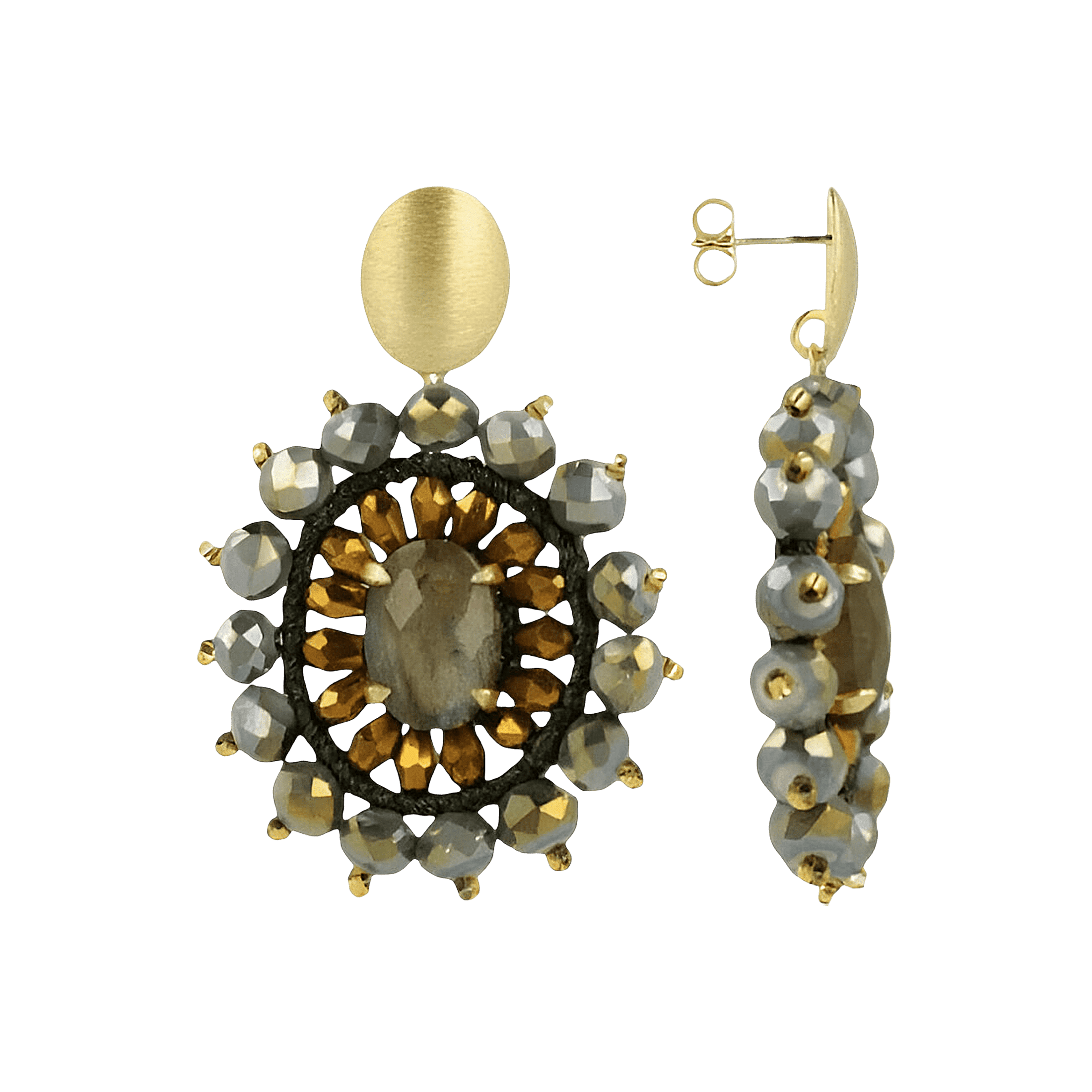 LOTT.gioielli Ohrringe Oval Crystal Double, Tigereye, marble green/gold, S, vergoldet