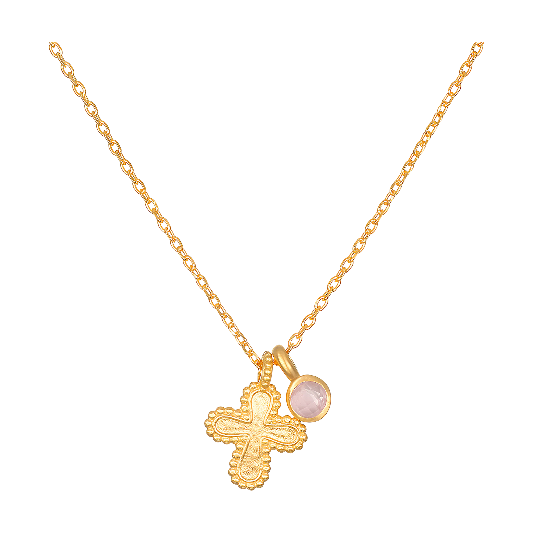 Satya Jewelry Kette Compassionate Faith Rose Quartz Cross, vergoldet