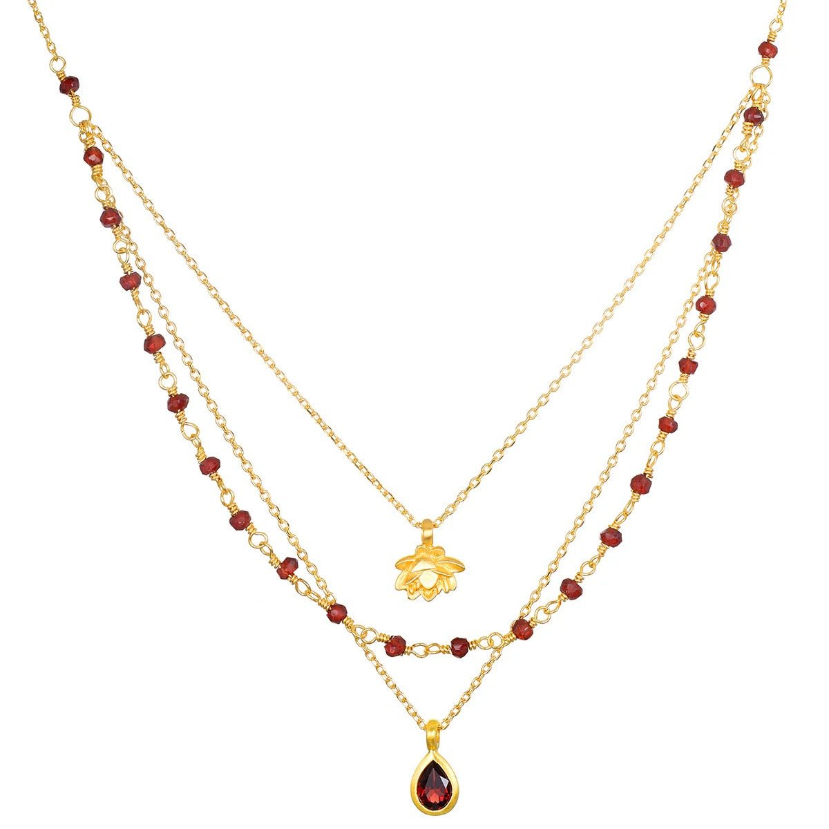 Satya Jewelry Kette Embrace Change Garnet Lotus Triple, vergoldet