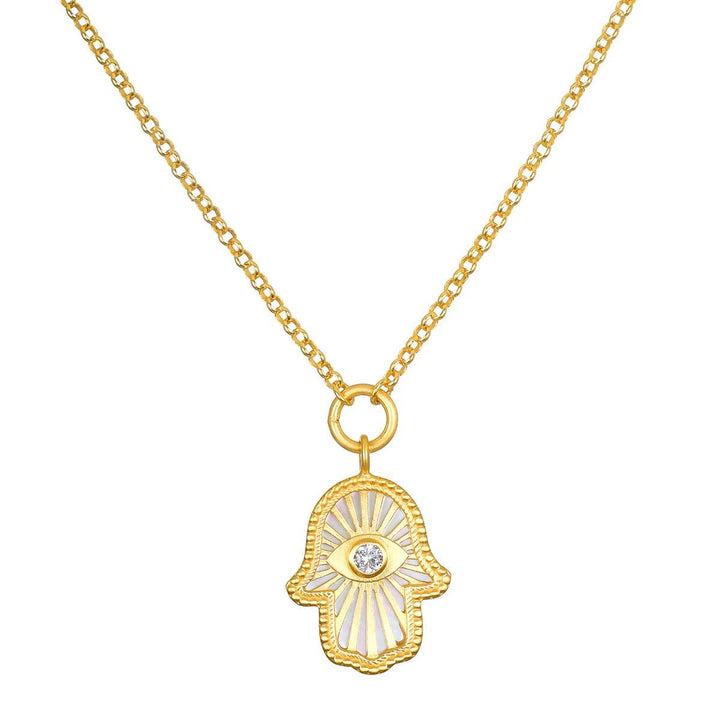 Satya Jewelry Kette Gaining Clarity White Topaz and Mother of Pearl Hamsa Reversible, vergoldet