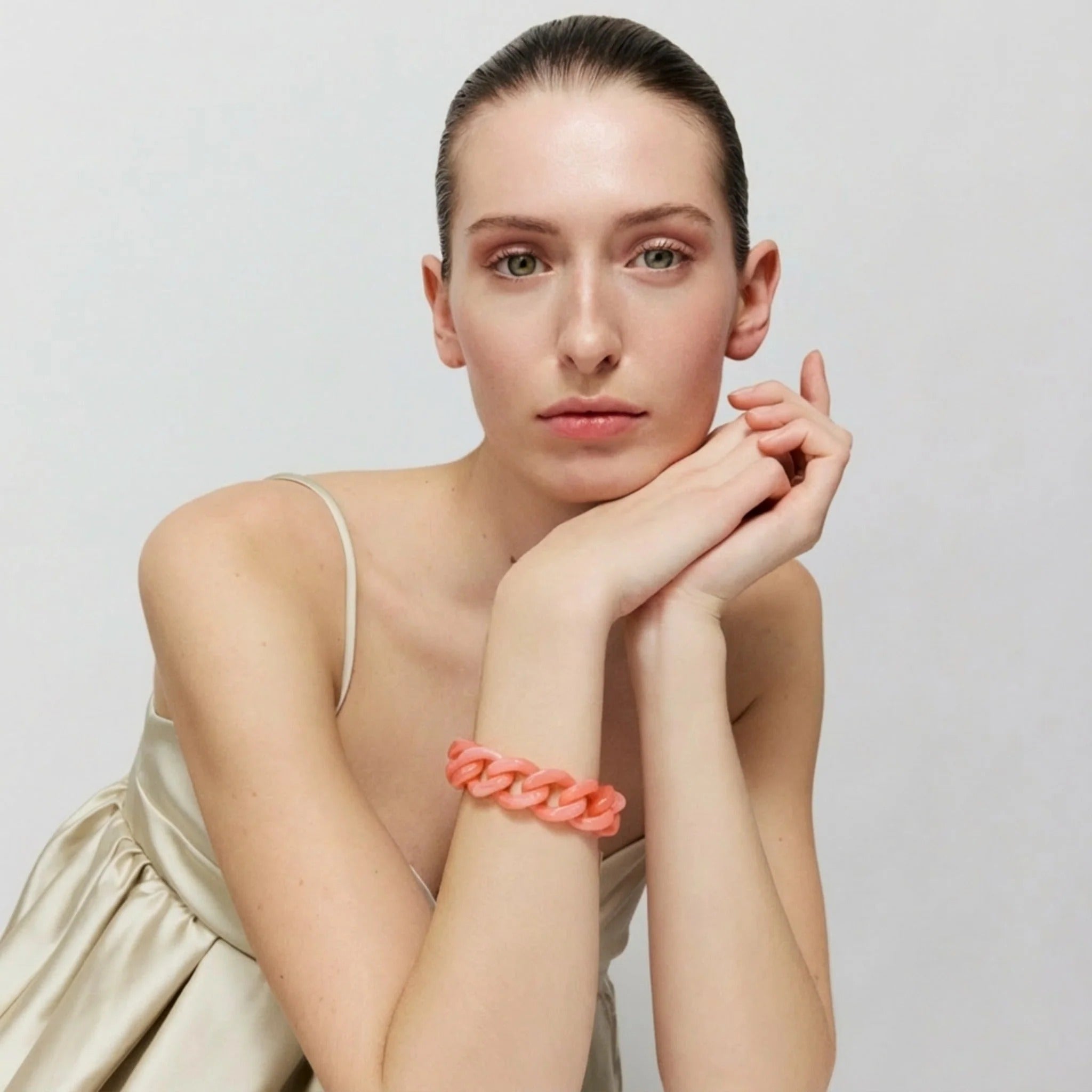 Vanessa Baroni Armband Flat Chain, watermelon marble, vergoldet