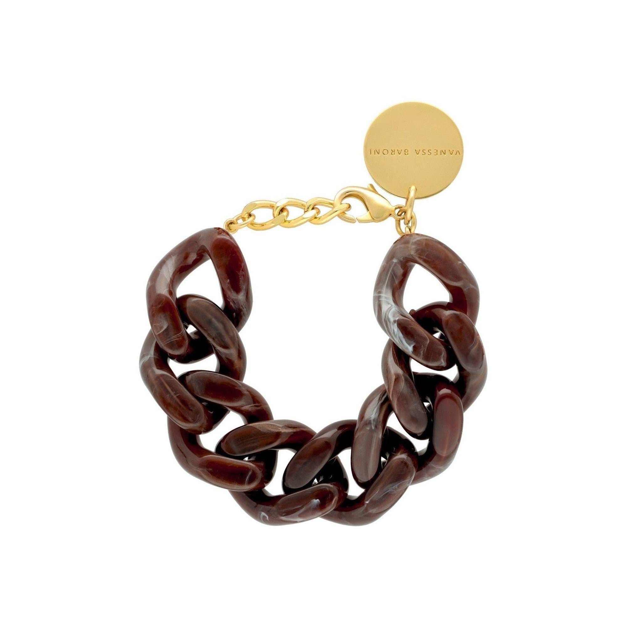 Vanessa Baroni Armband Great Flat Chain, dark brown marble, vergoldet