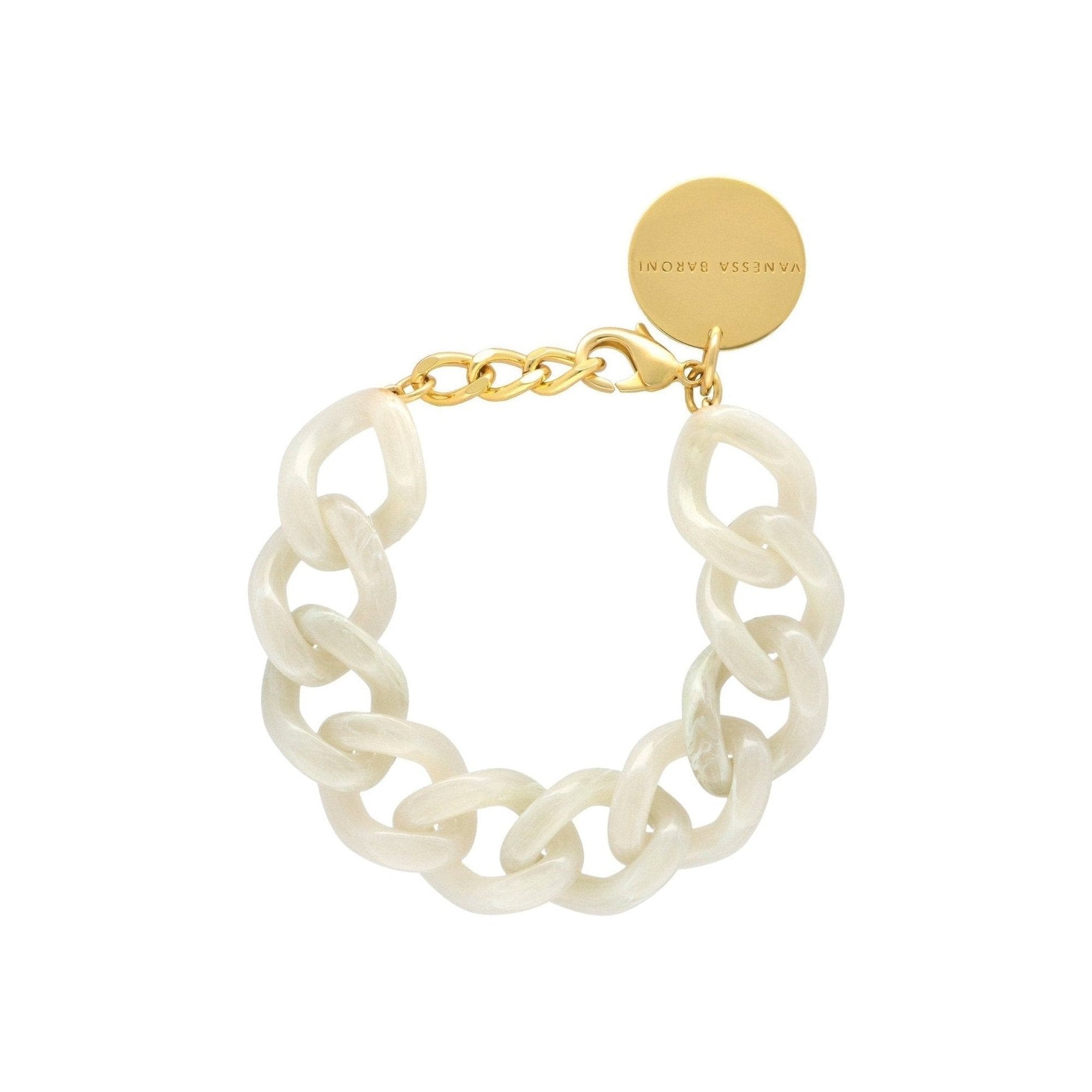 Vanessa Baroni Armband Mini Flat Chain, snow white marble, vergoldet