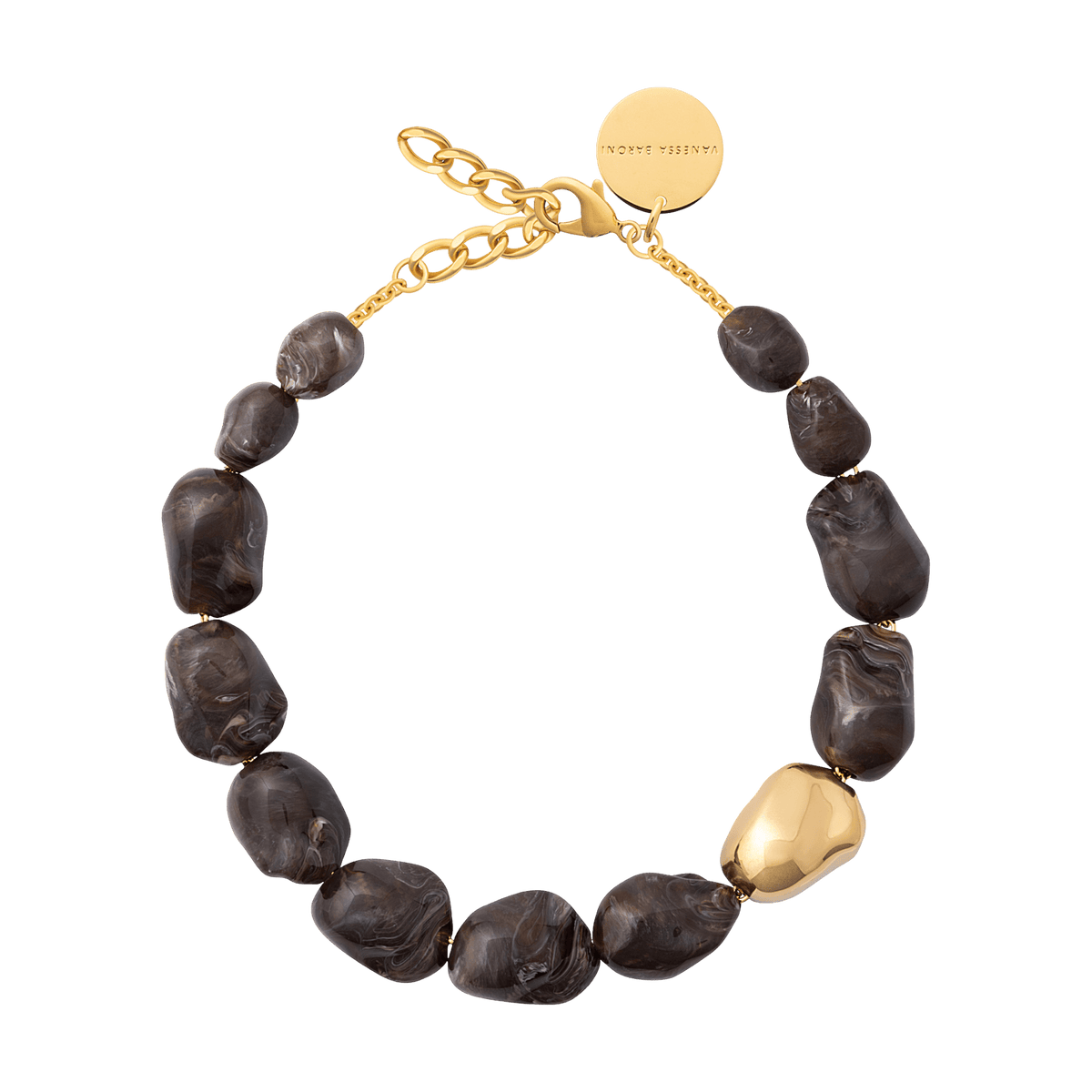 Vanessa Baroni Kette Big Organic Pearl with gold, dark brown marble, vergoldet