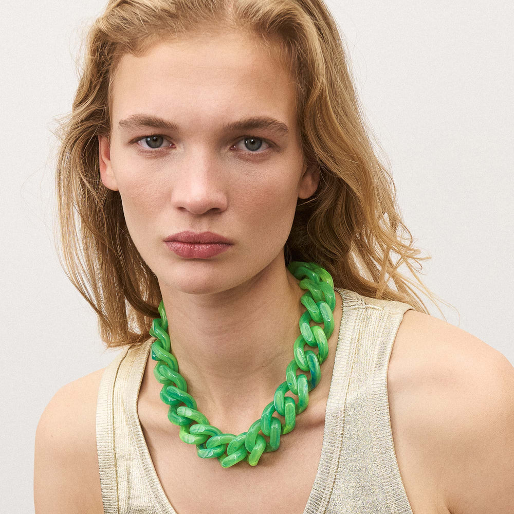 Vanessa Baroni Kette Flat Chain, neon green marble, vergoldet