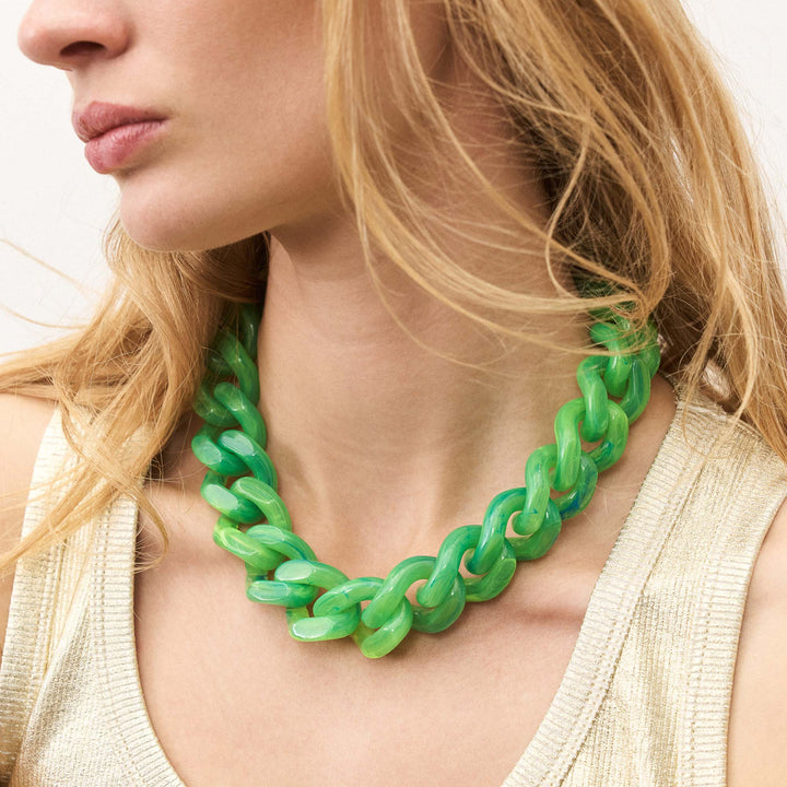 Vanessa Baroni Kette Flat Chain, neon green marble, vergoldet